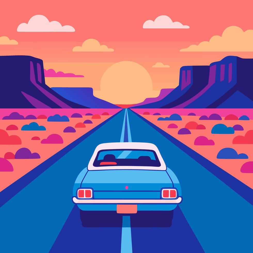 Retro Car on an Endless Highway Through a Desert Canyon toward a Vibrant Sunset with Bold Shapes Clean Lines and a Dreamy Gradient Sky Creating a Road Trip Atmosphere and Nostalgic Mood vector