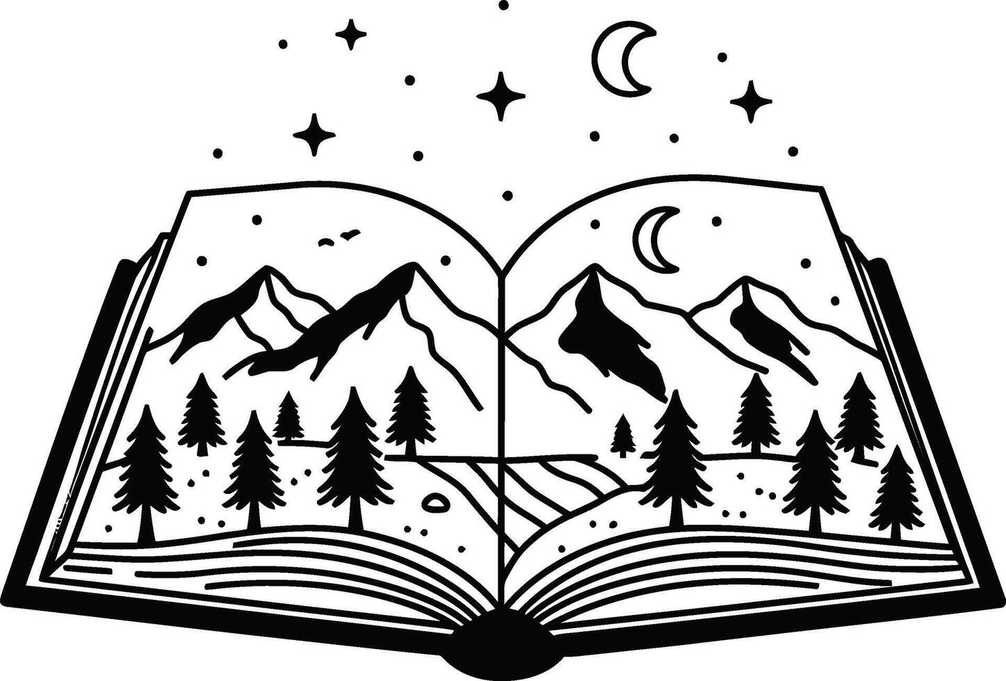 An open book with mountains and trees in the background vector