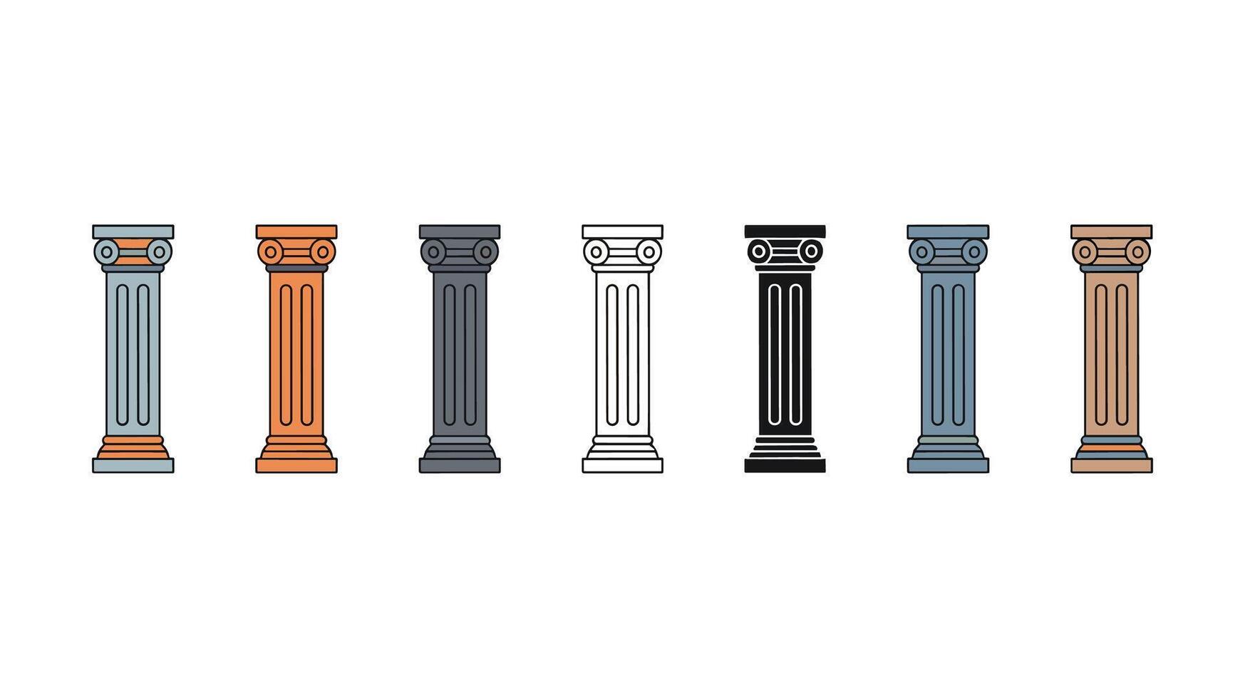 Seven stylized columns in different colors and styles arranged in a row on a white background Keywords columns, architecture, classical, ancient, Greek, Roman, pillar, support, structure vector