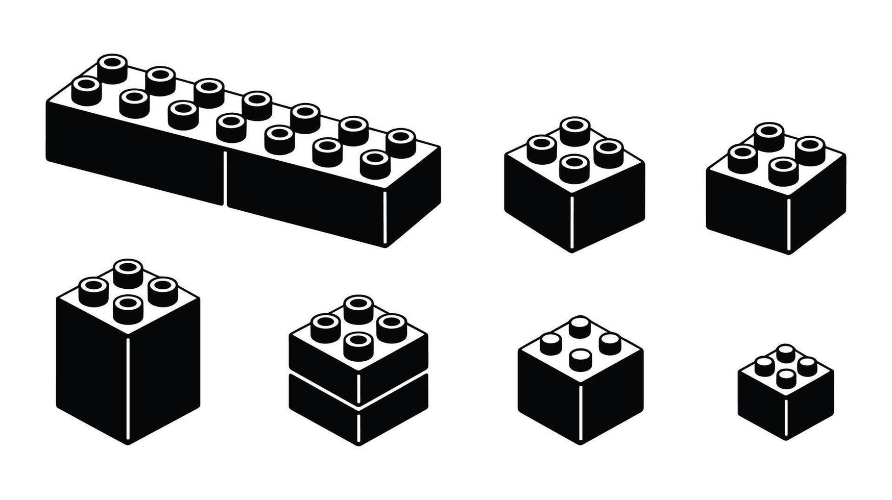 Black and white isometric illustrations of building blocks and construction toys Keywords building blocks, toy, construction, plastic, interlocking, studs, pegs, bricks, isometric, 3D, shape vector