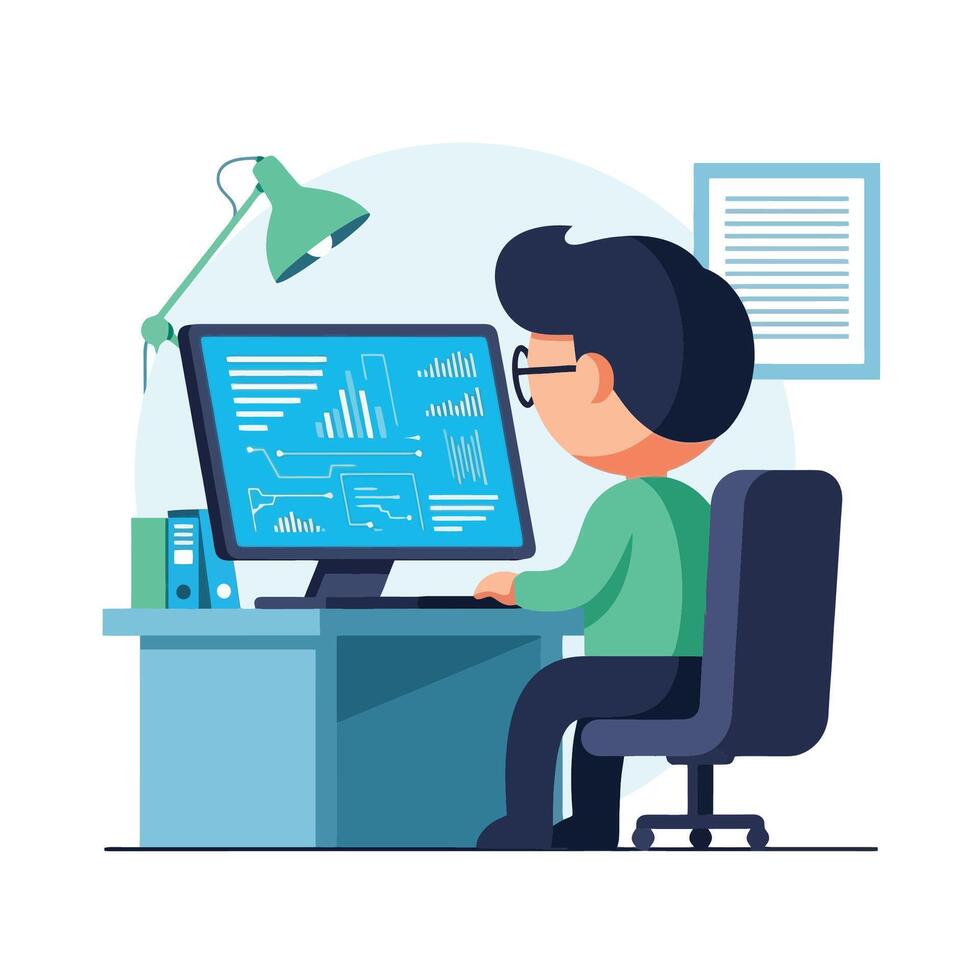 hombre trabajando en computadora con gráficos en pantalla vector