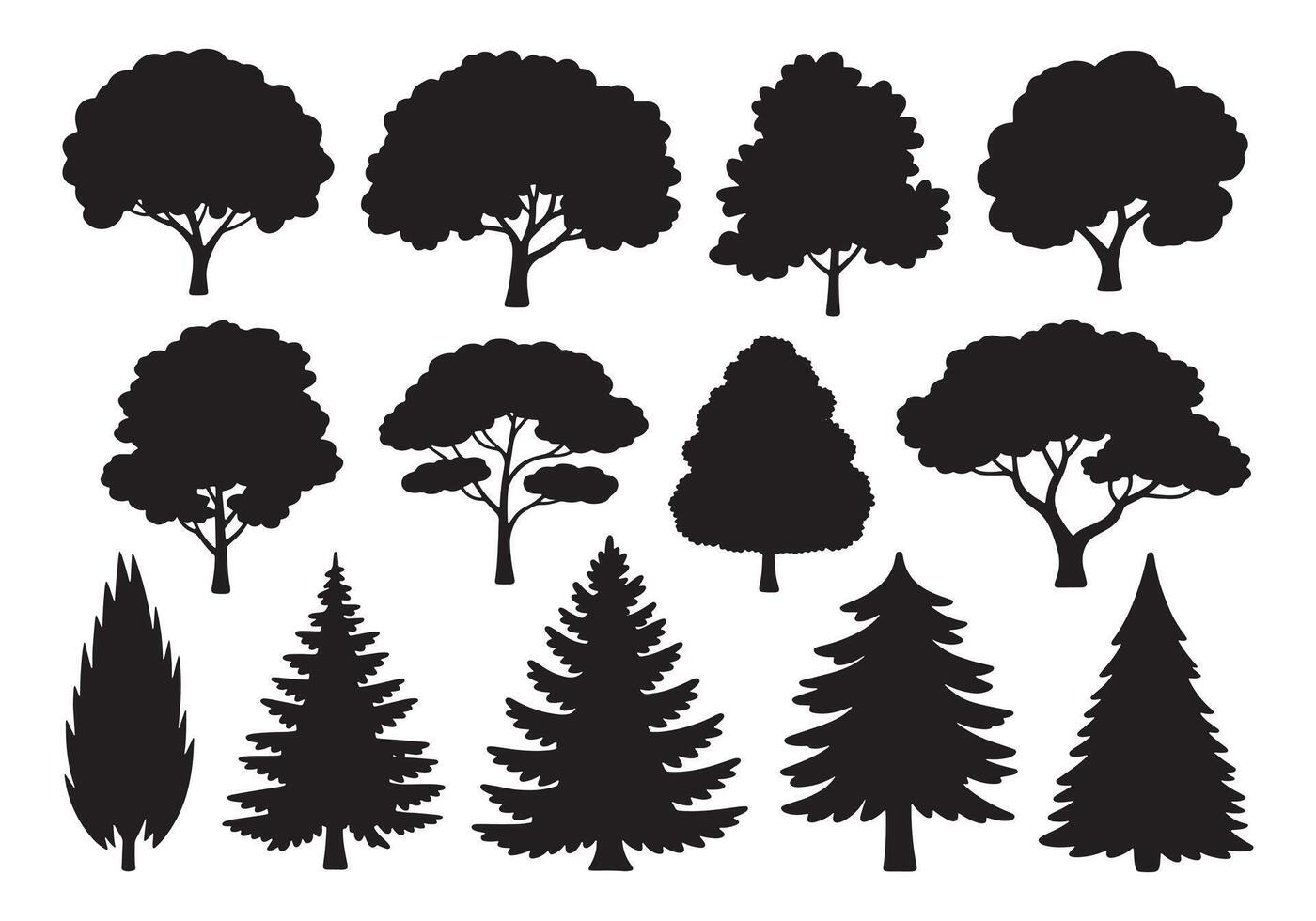silhouette tree line drawing set, Side view, set of graphics trees elements outline symbol for architecture and landscape design drawing. vector