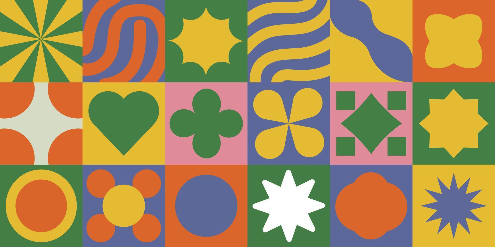 Art of retro groovy pattern with abstract shapes in a colorful vintage style vector