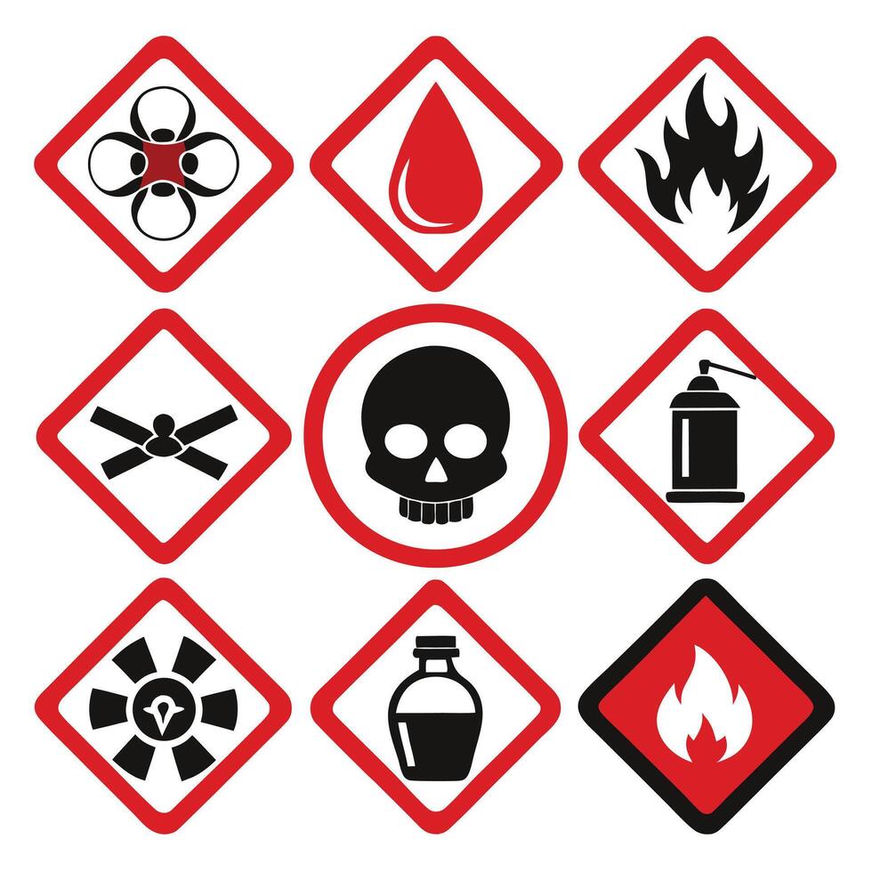 Set of universal graphic hazard warning symbols and safety icons for identifying dangerous materials and communicating risks effectively vector