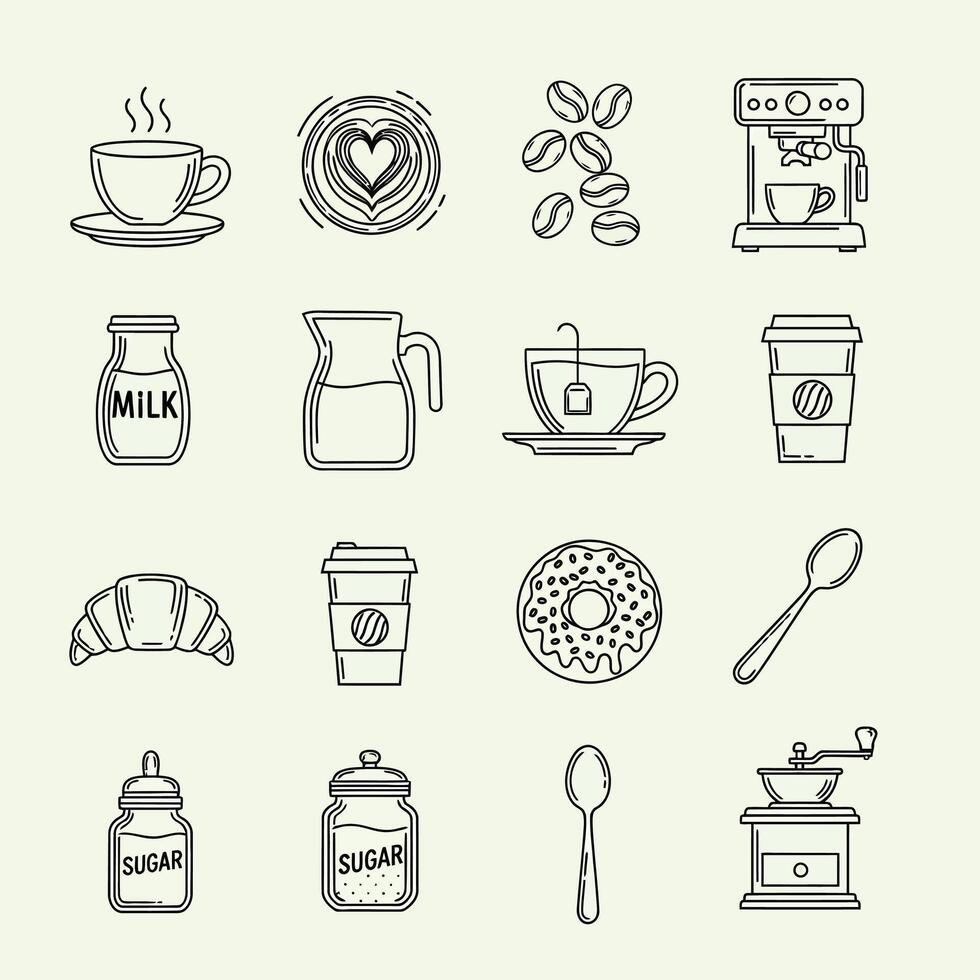 A comprehensive collection of outline icons representing coffee, tea, and breakfast essentials for cafe menus or morning routines in a modern, minimal style vector