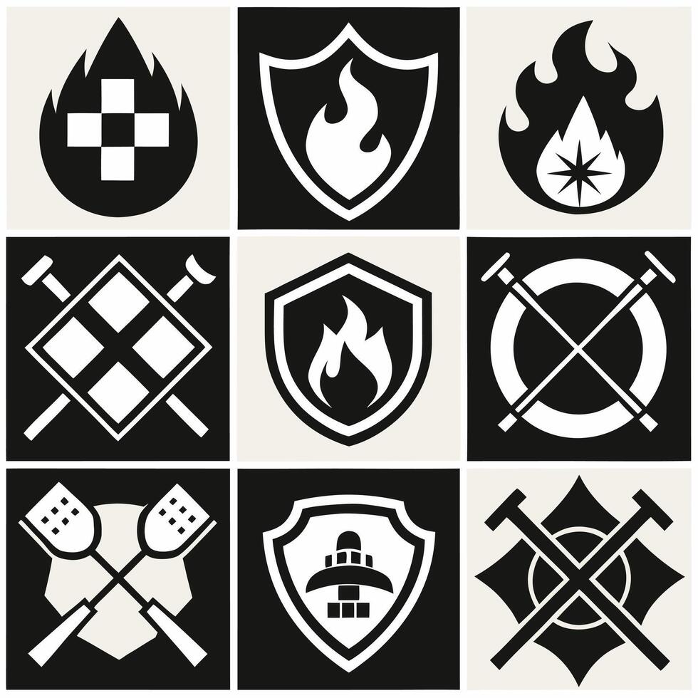 Set of nine unique firefighter emblem icons in black and white, designed for diverse applications vector