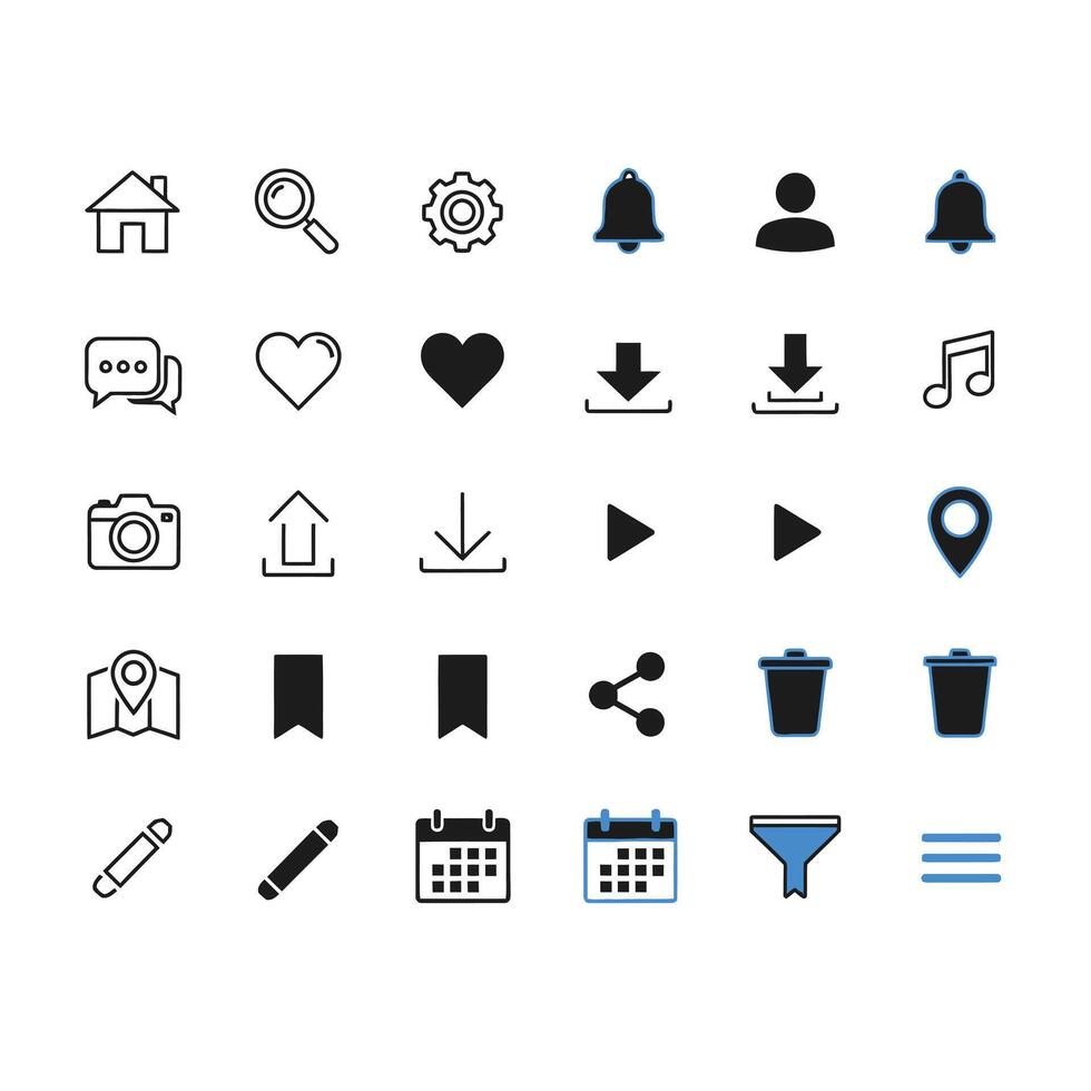 Set of outline icons representing various digital interface elements and web applications vector