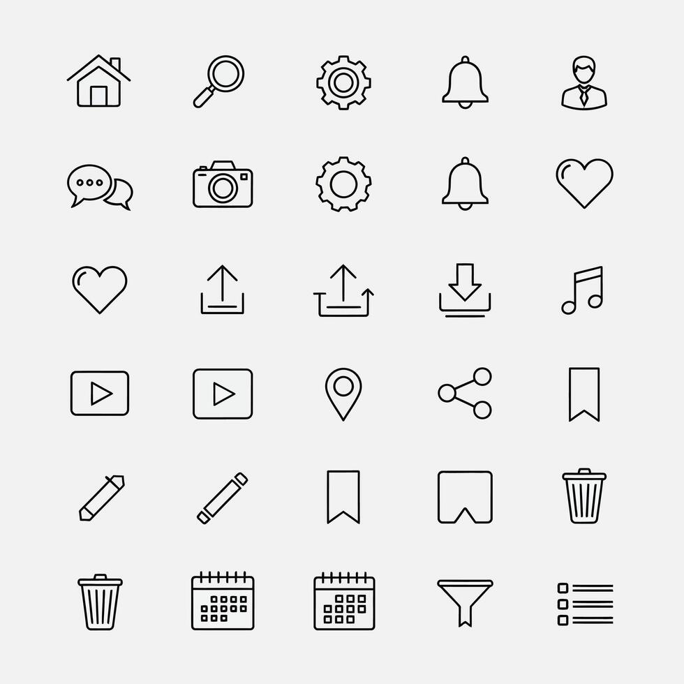 Essential outline icon pack for modern digital interfaces and application design. Versatile UI symbols for web and mobile projects vector