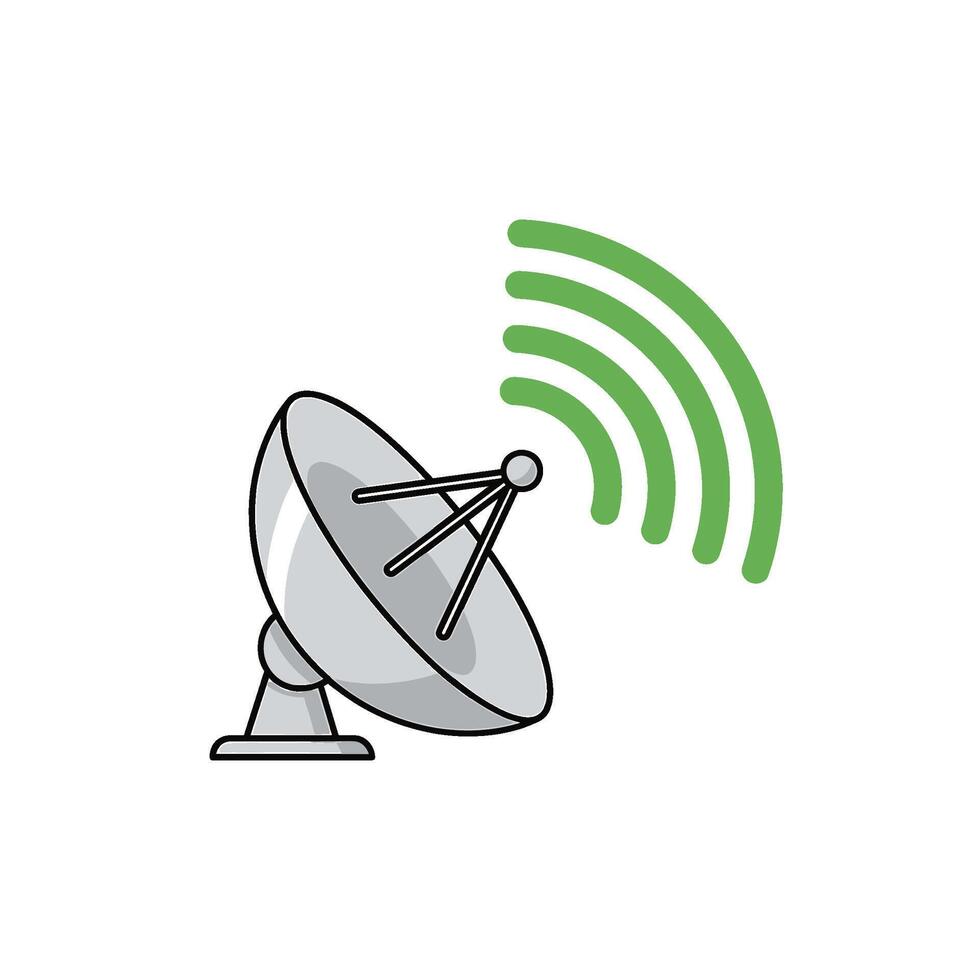 Satellite dish transmitting green signal waves on a white background representing global communication technology and connectivity in a modern world vector