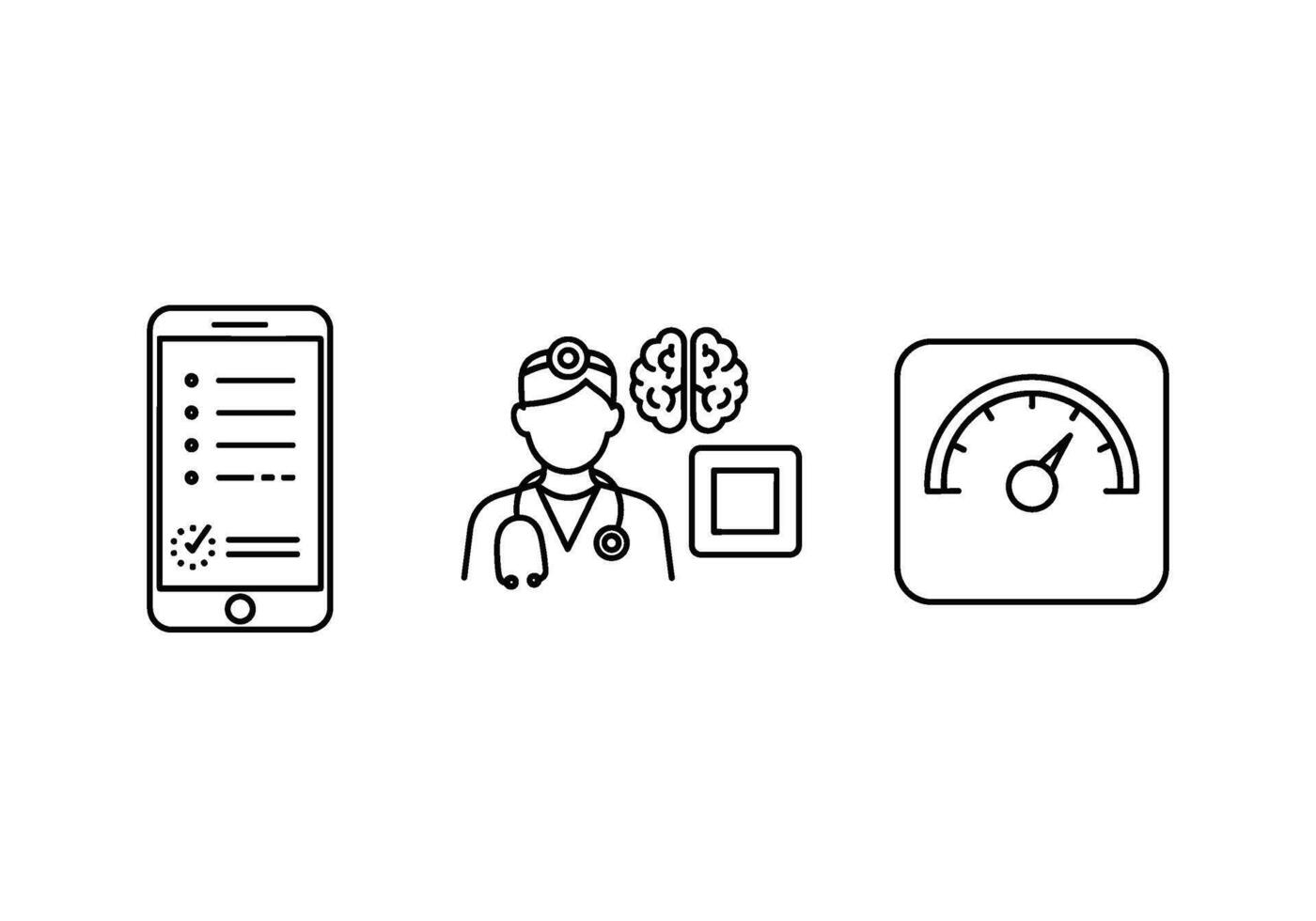 Healthcare professional analyzing patient data on a mobile app alongside brain scan and weight scale icons representing health monitoring and medical vector