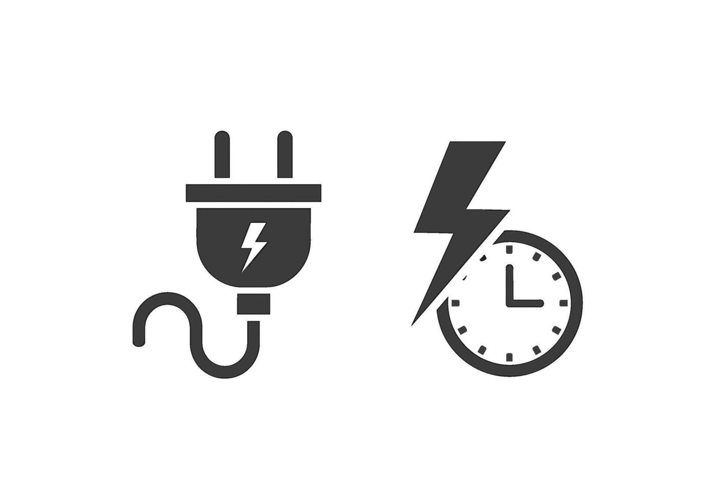 Electric plug and clock with lightning bolt icons symbolizing fast charging and time efficiency in a minimalist clean design for technology solutions vector