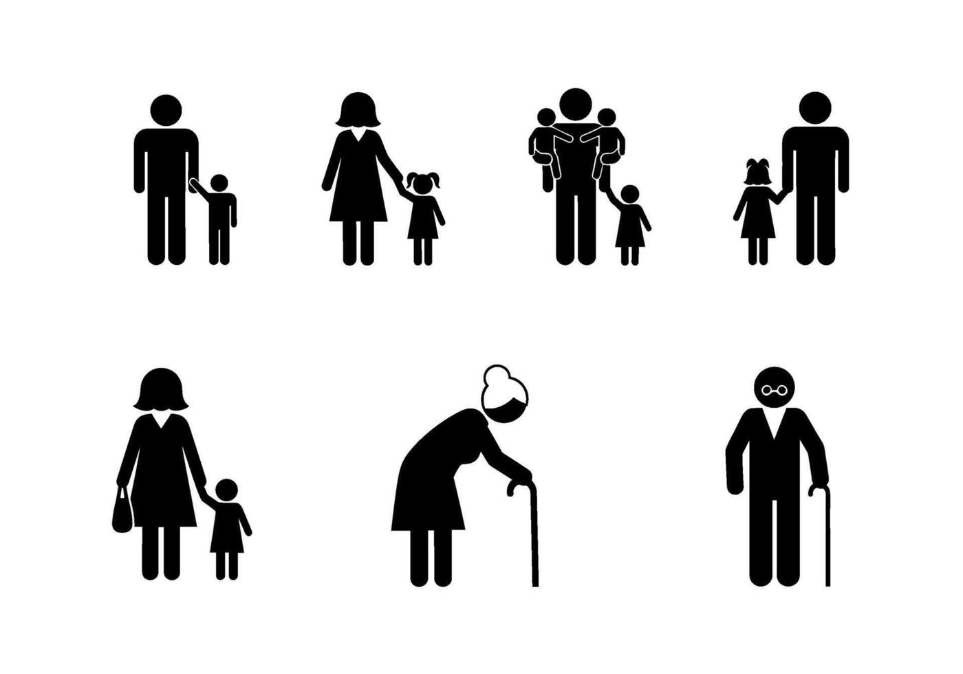 Diverse family stick figures interacting in various scenarios representing generations love and support within a community conveying a sense of belong vector