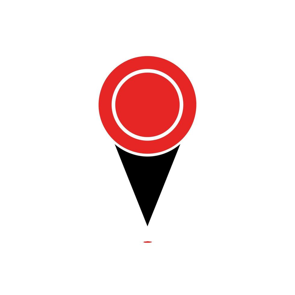 A stylized map marker with a red circle and a black triangle on a white background with a shadow vector