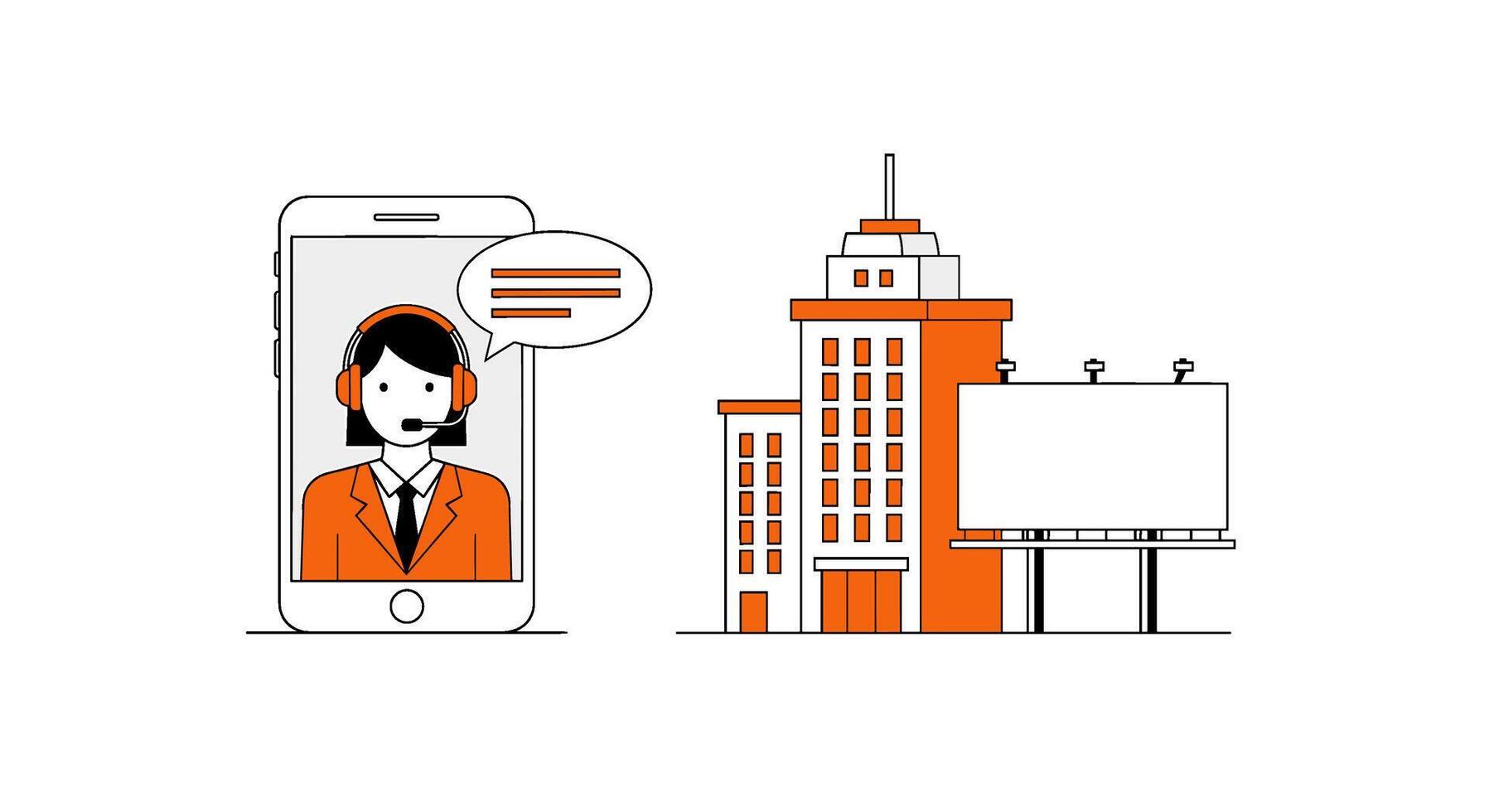Customer service representative on a smartphone screen with a speech bubble, next to a modern office building and a billboard, isolated on white background vector