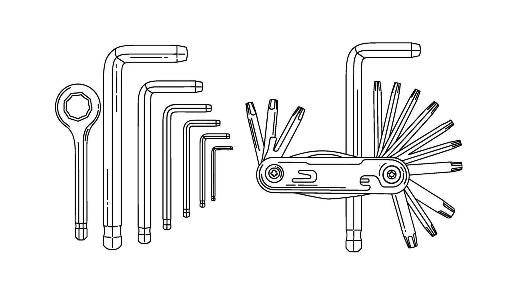 Black and white line drawing of a set of allen wrenches and a multitool, isolated on white background vector