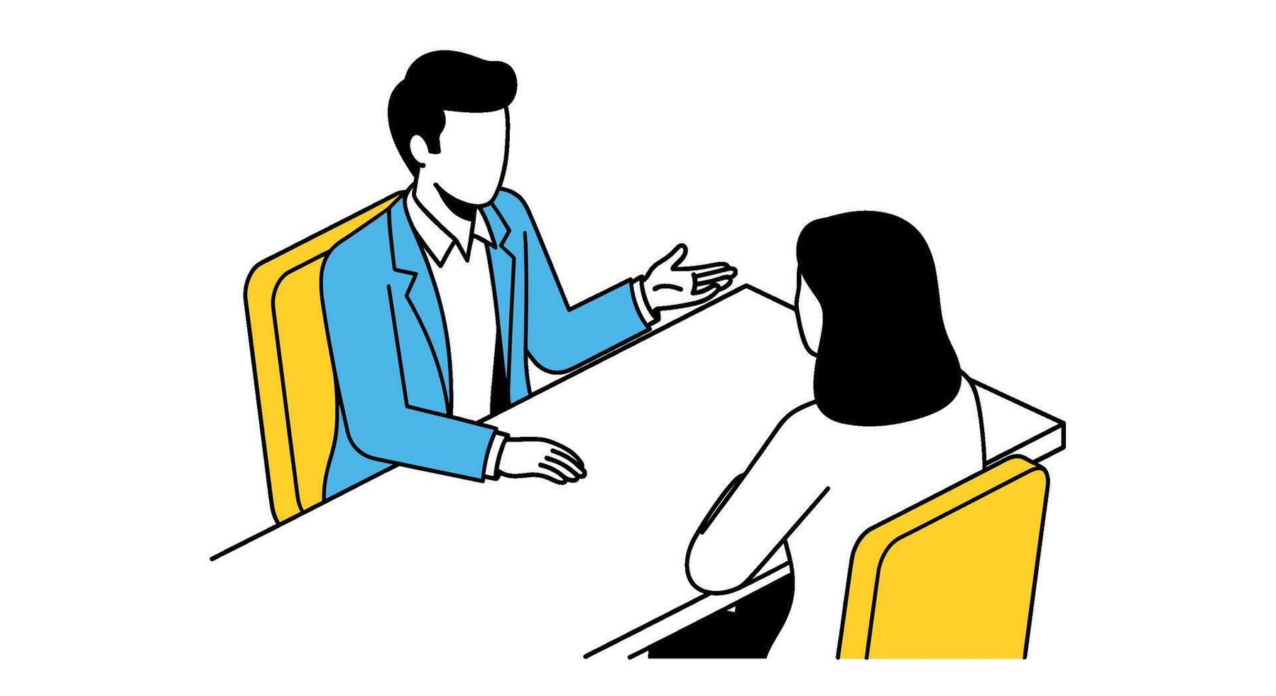 Two people sitting at a table, one gesturing while talking, isolated on white background vector