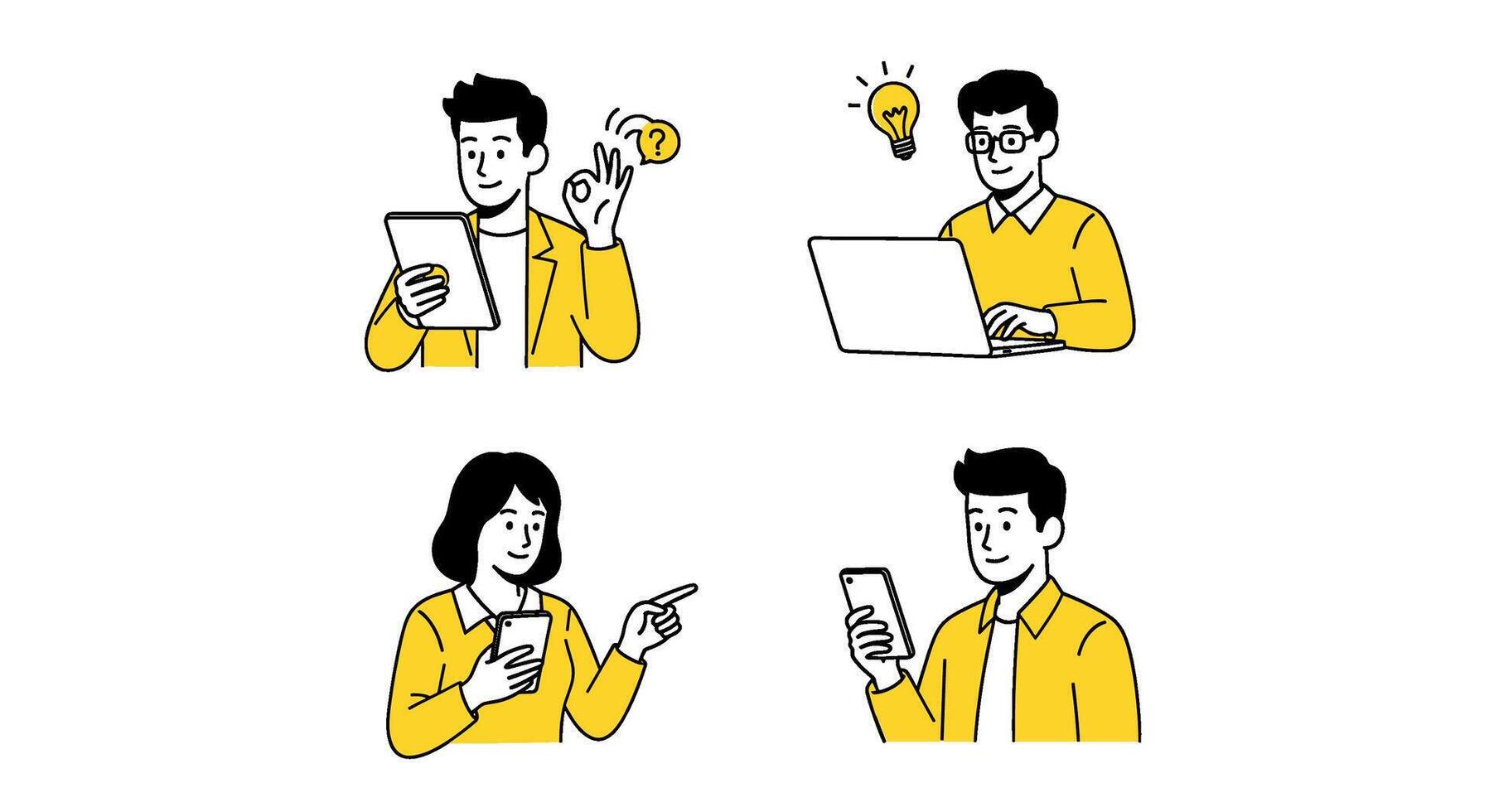 Set of four people using technology and having ideas, isolated on white background vector