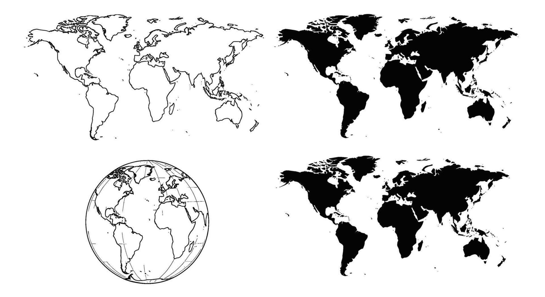 Detailed world maps and globe showcasing continents and borders presented in a clean minimalist style ideal for educational resources and global aware vector