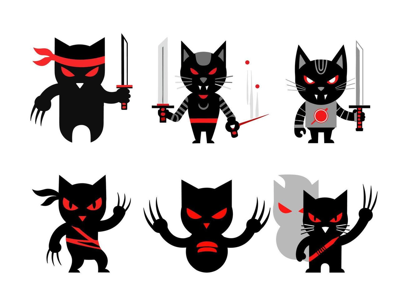 Cute Flat Ninja Cat Character with Sword and Sharp Claws Illustration vector