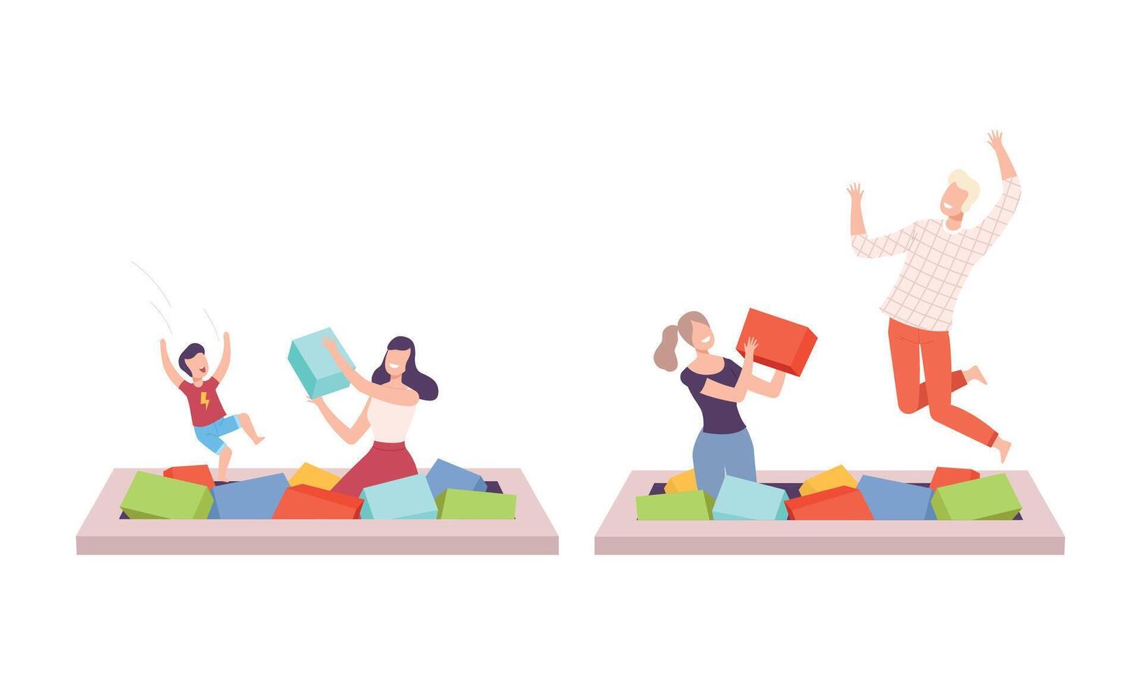 Cheerful People Character Jumping and Playing in Pool with Colorful Cubes Having Fun Set vector