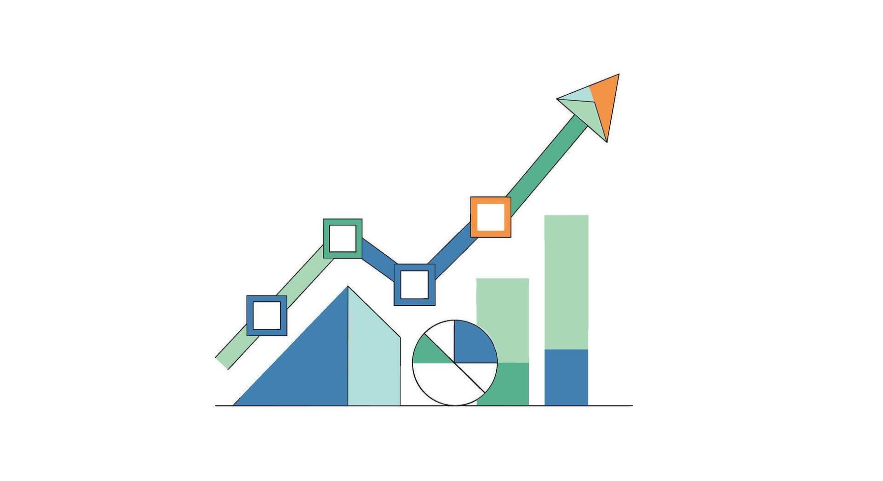 Abstract financial chart with rising arrow, pie chart, and bar graph vector