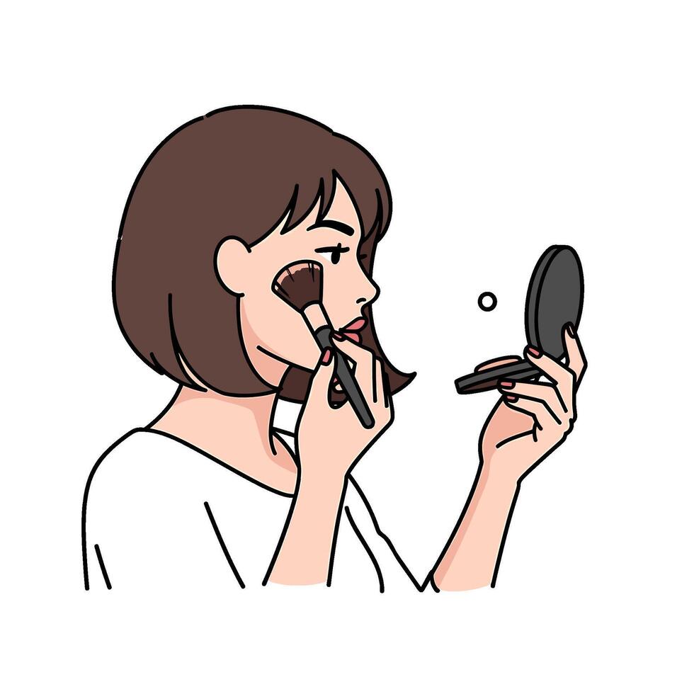 Young woman applying blush with a brush while looking in a compact mirror in a simple clean setting showcasing self-care and beauty routine vector