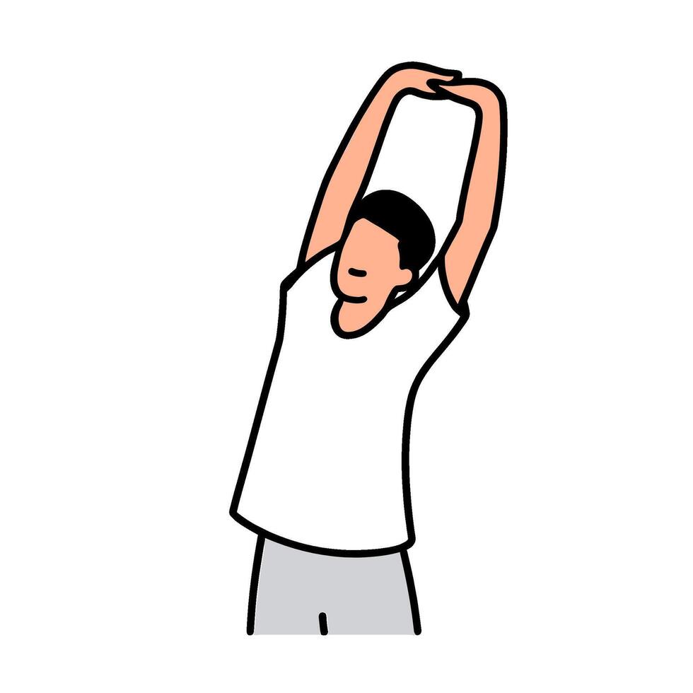 Man stretching arms overhead in simple illustration style against a white background conveying a sense of relaxation and well-being through exercise vector