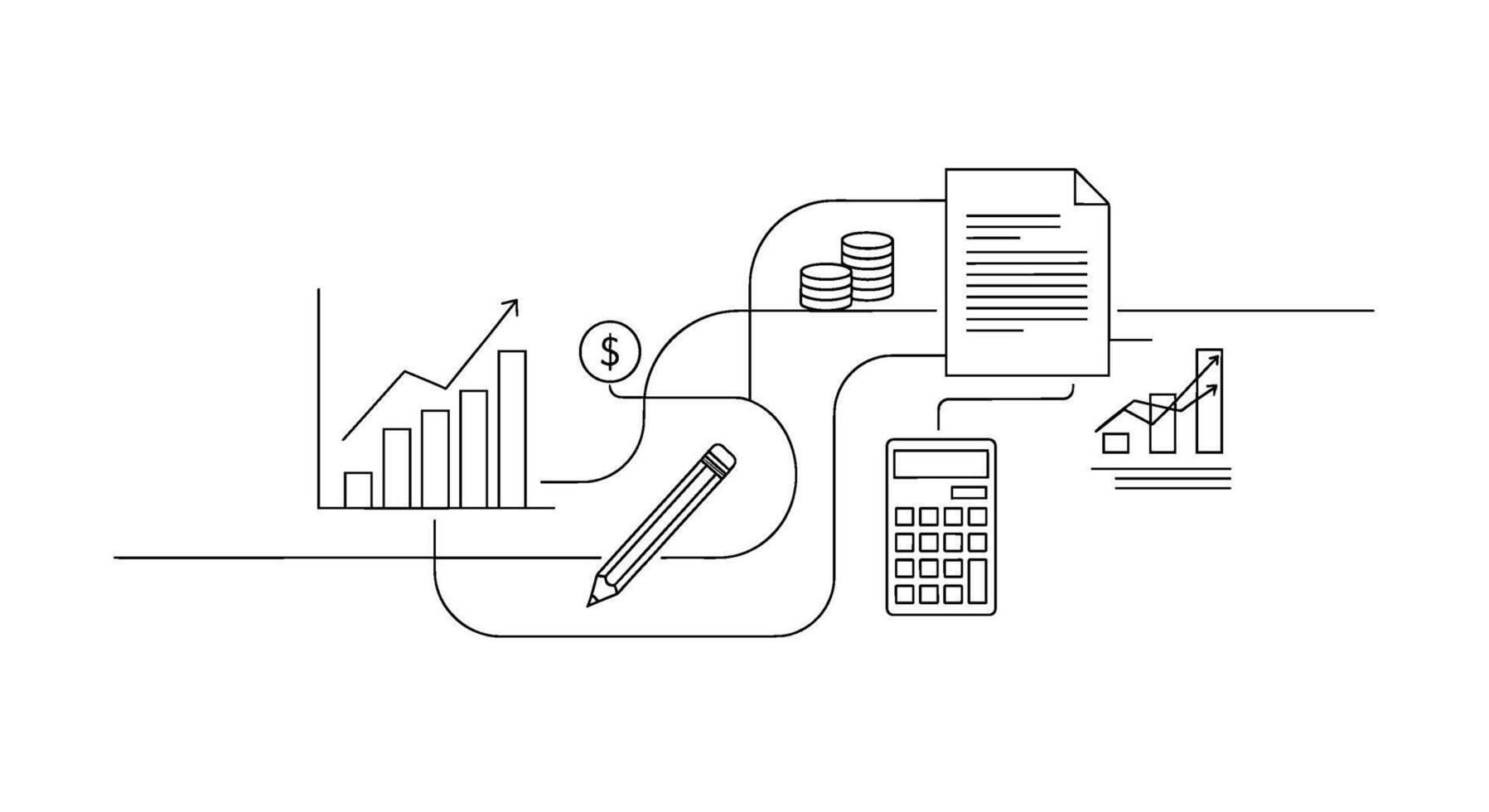 Minimalist line art illustration displaying financial growth with charts coins calculator and document conveying a sense of progress and success vector