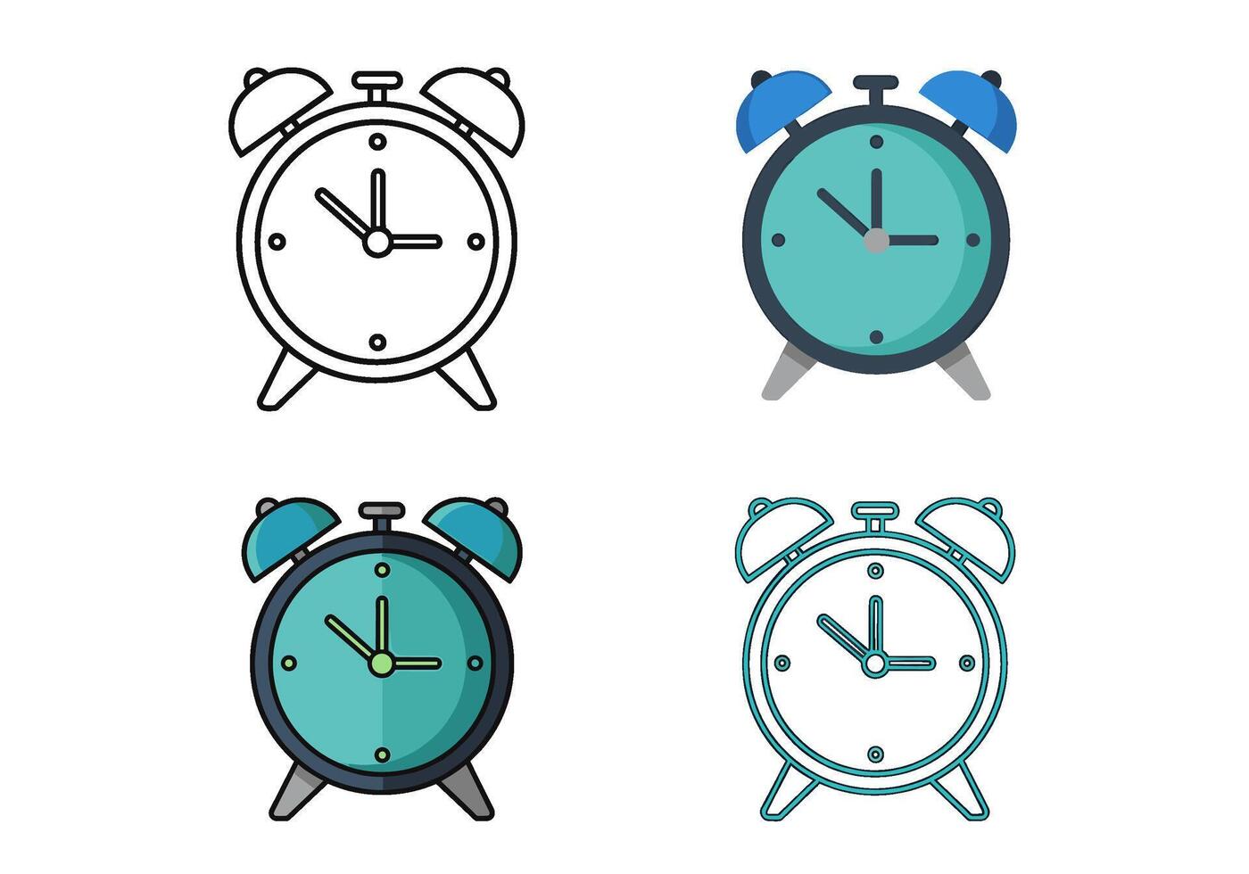 Alarm clock icons displaying time in various styles on a white background symbolizing punctuality deadlines and the importance of time management vector