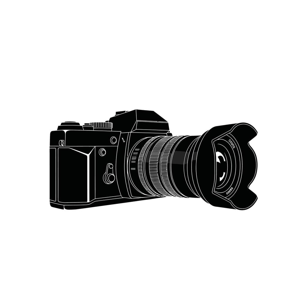 Monochrome graphic of a digital photo camera with a large lens, isolated on a white background vector
