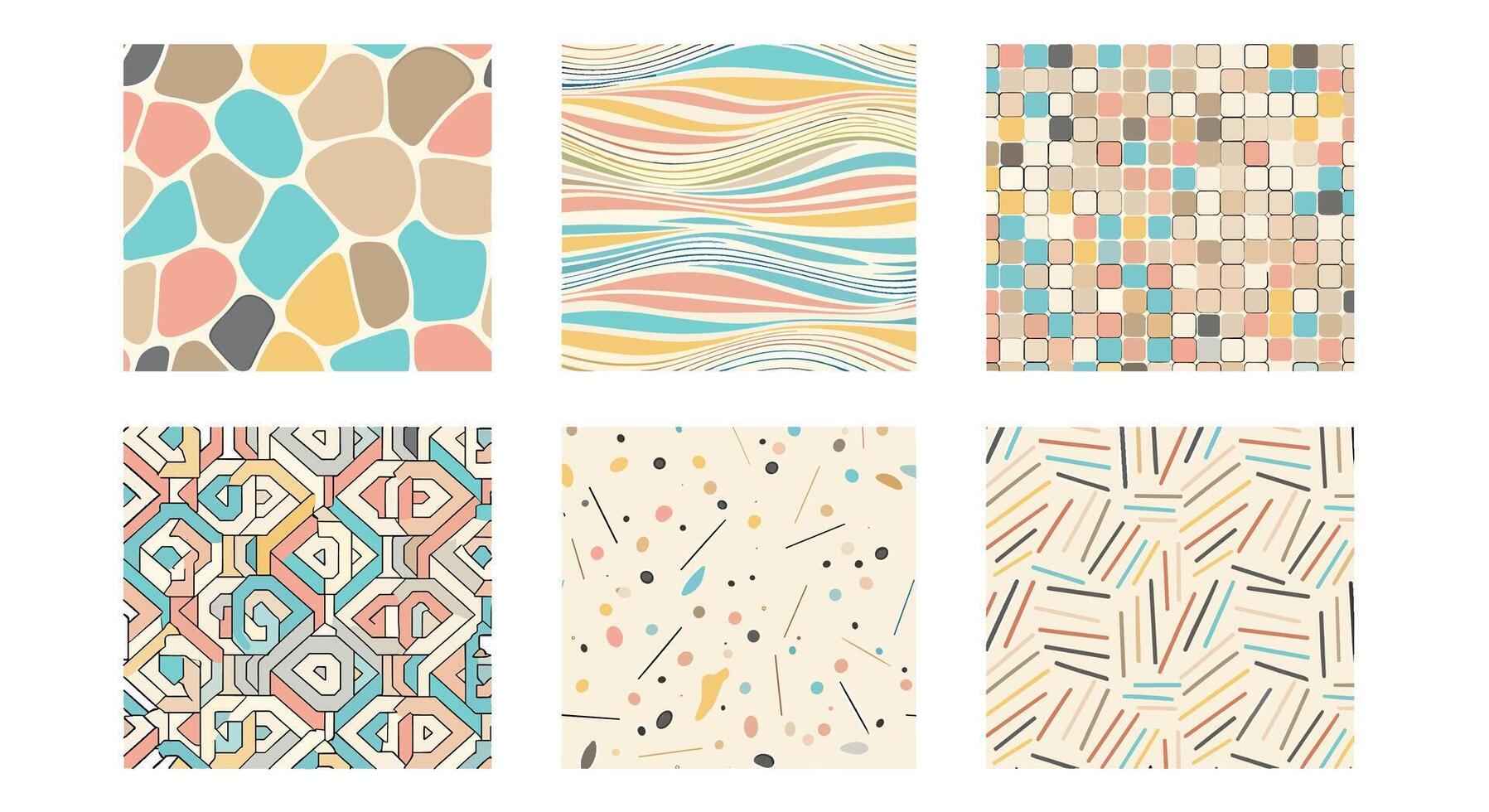 Set of six abstract patterns isolated on white background a collection of diverse backgrounds featuring geometric shapes, lines, and textures in pastel colors vector