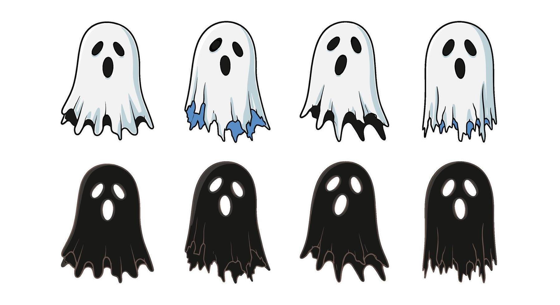 Spooky cartoon ghosts floating on a white background creating a playful and eerie atmosphere perfect for Halloween-themed designs and illustrations vector