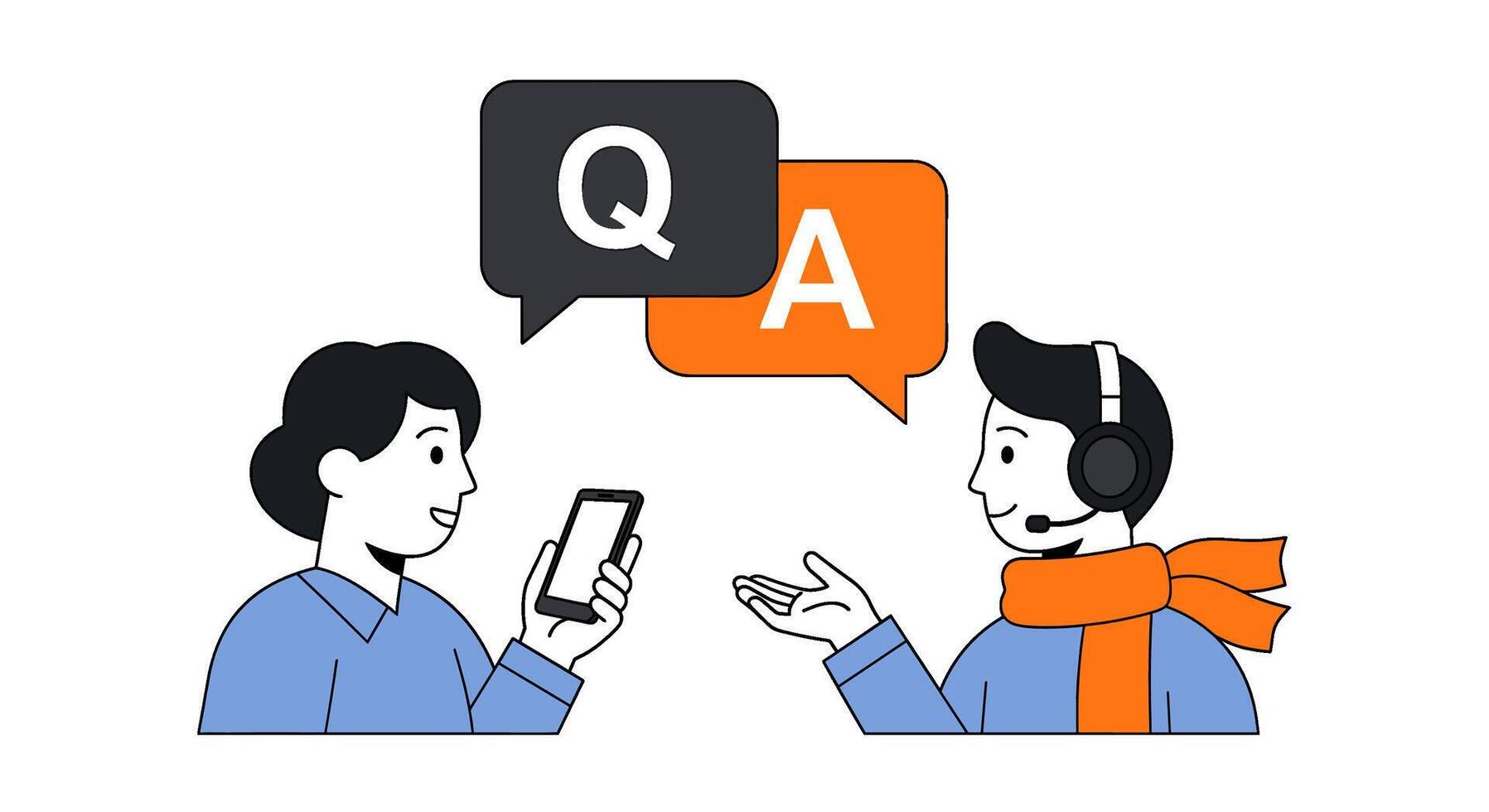 Customer support concept with two people talking and speech bubbles with q and a, isolated on white background vector