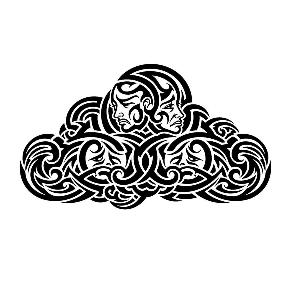 Abstract tribal art featuring multiple faces within a cloudlike formation, isolated on white background vector