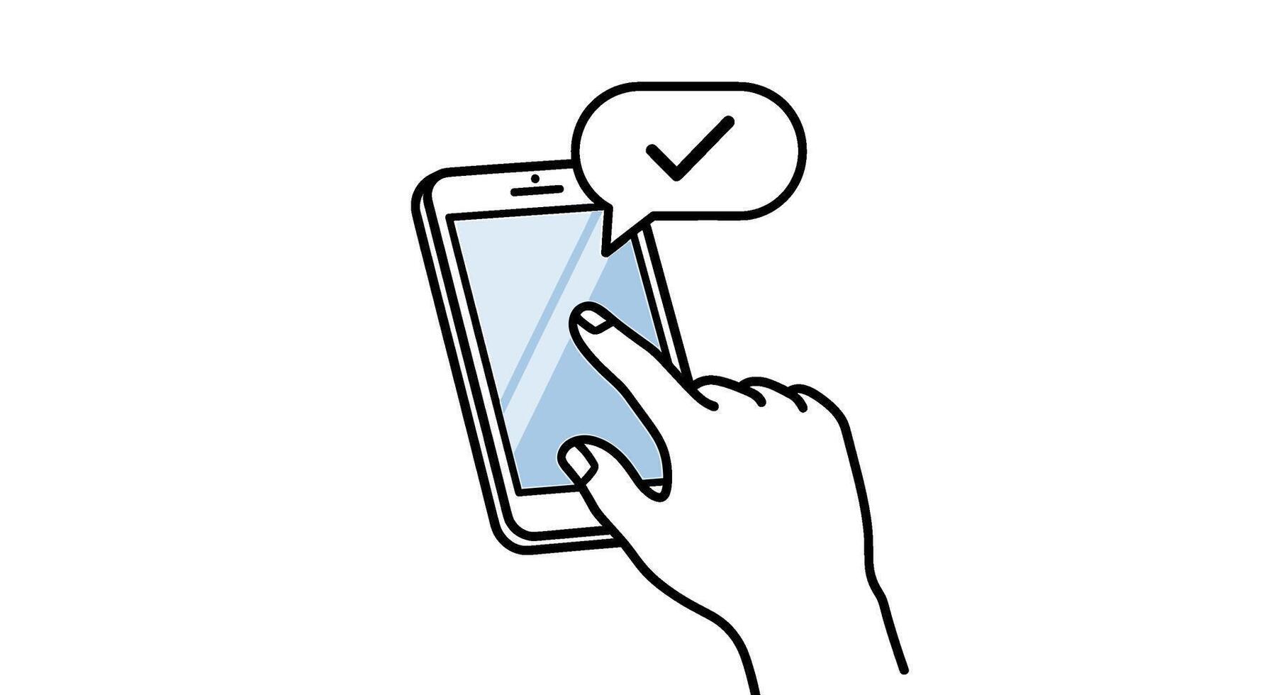 Hand touching smartphone screen with checkmark in speech bubble, mobile app confirmation, successful task, isolated on white background vector