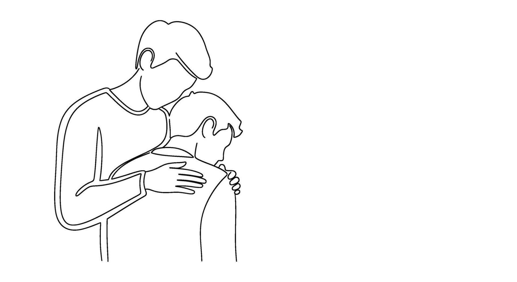 Continuous line drawing of a man comforting another with a hand on his shoulder in a minimalist style conveying empathy and support in a simple design vector