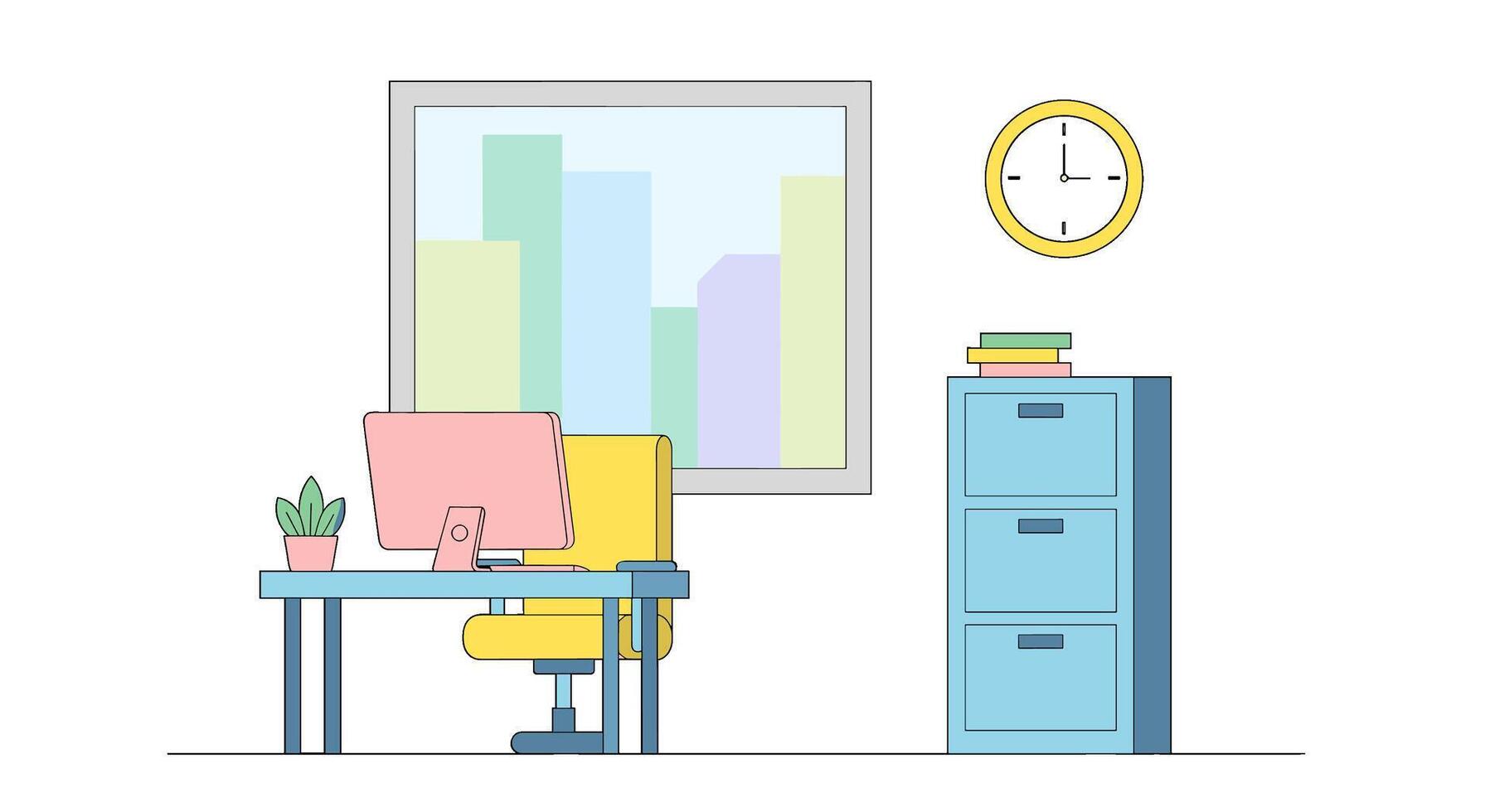 Office interior isolated on white background featuring a desk with a computer, chair, filing cabinet, clock, and artwork, creating a modern and organized workspace vector