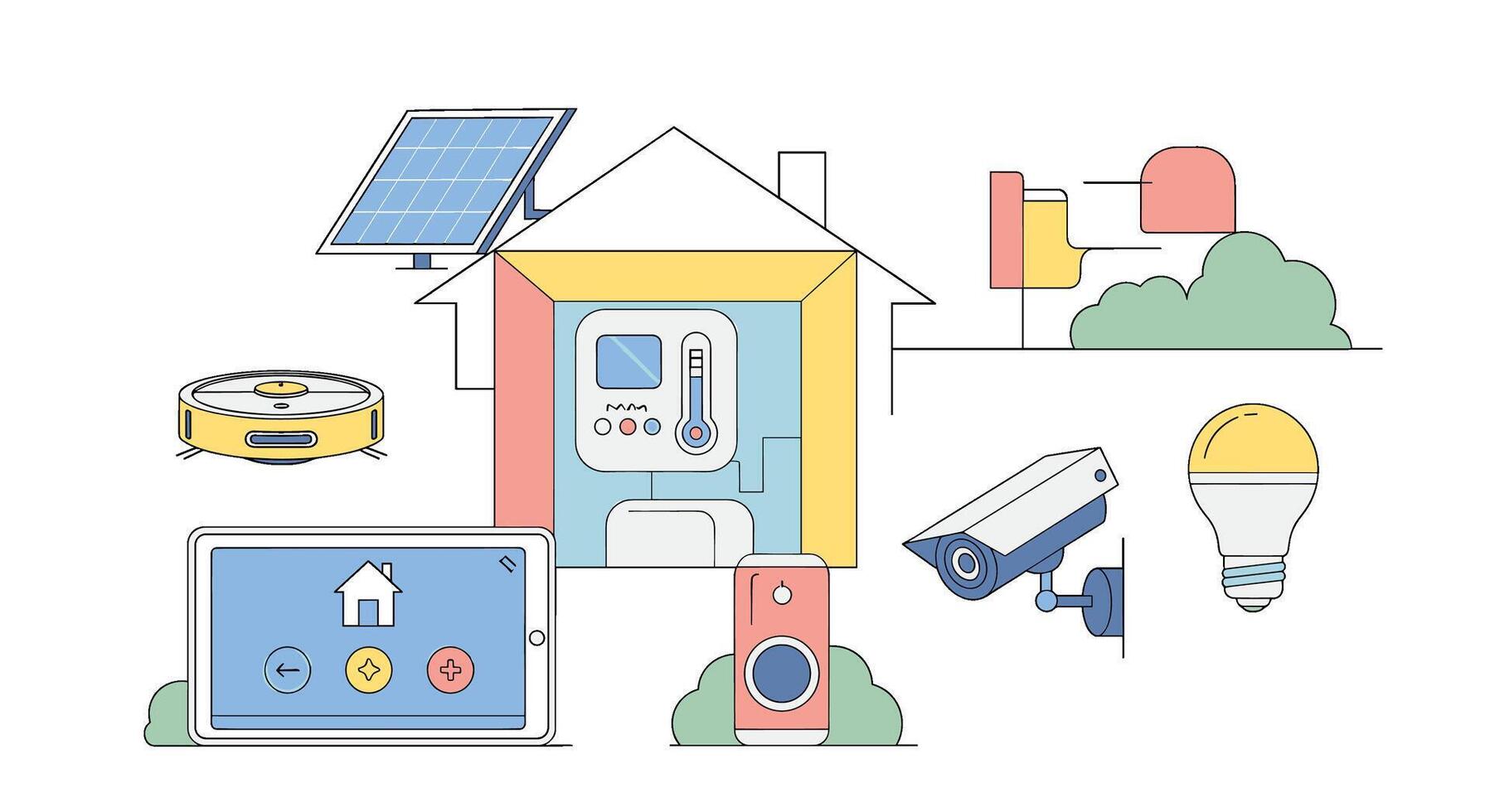 Smart home automation system isolated on white background, featuring solar panels, security cameras, and remote control devices vector