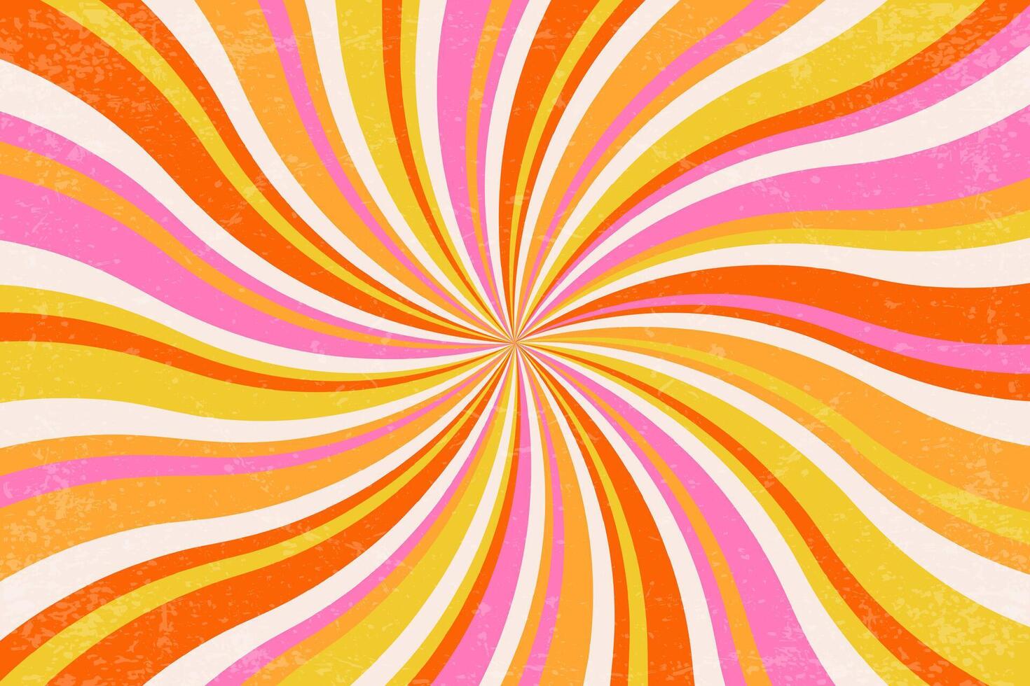 Retro groovy background with pattern of spiral rays. Sunburst psychedelic wavy illustration for summer poster. Swirl radial 70s abstract graphic with grunge texture vector