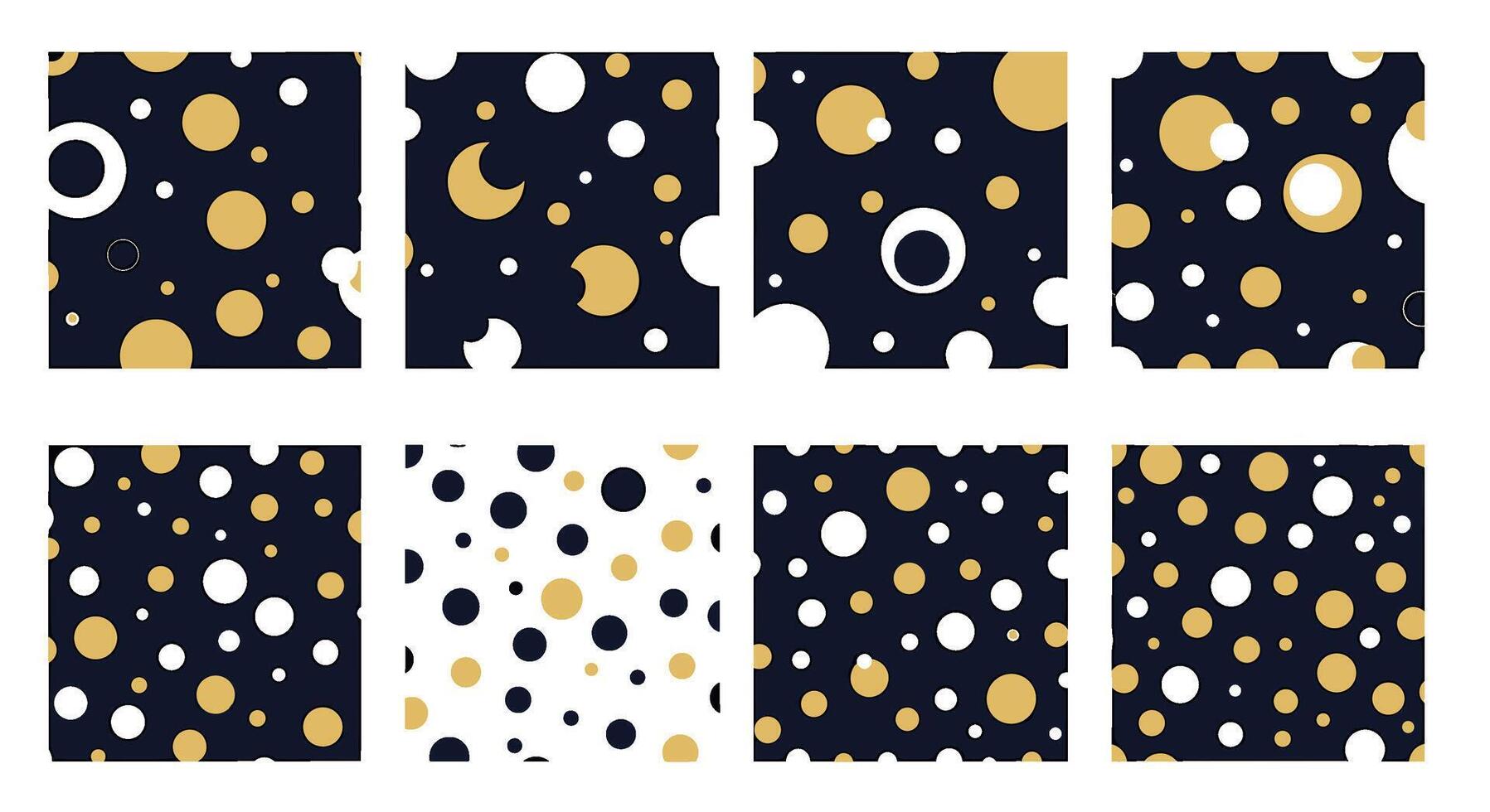Elegant seamless pattern set featuring gold, white, and navy circles, isolated on white background, ideal for sophisticated backgrounds, textiles, and modern designs vector