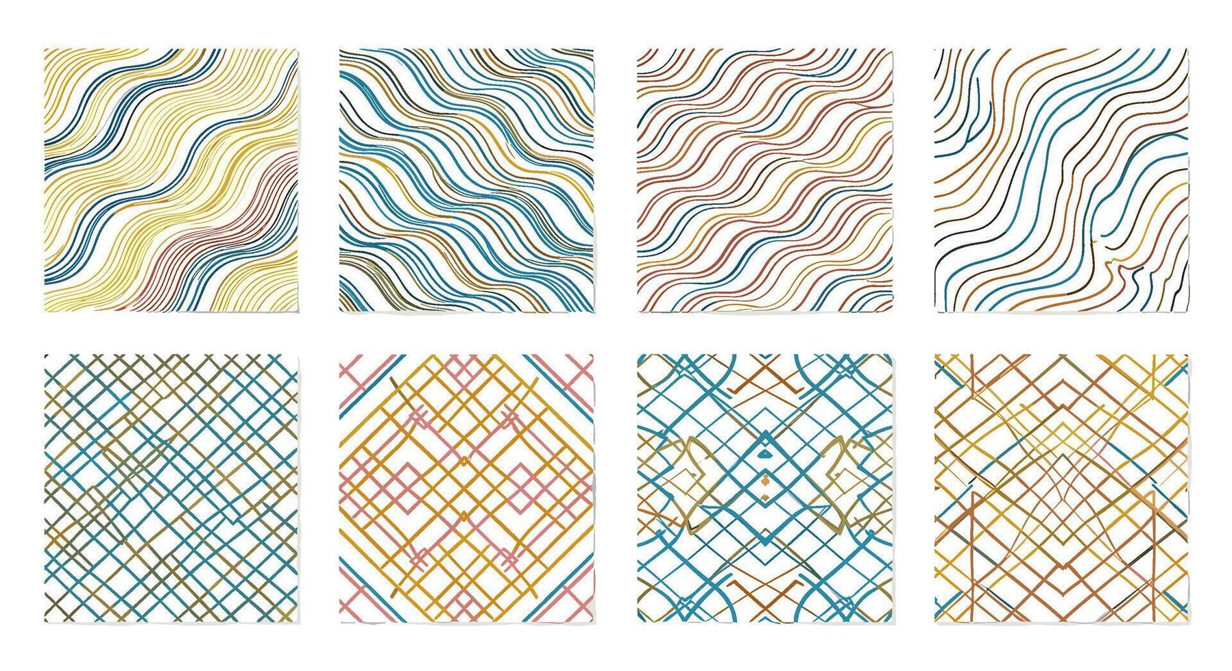 Collection of abstract seamless patterns isolated on white background featuring wavy dotted lines and geometric shapes, perfect for backgrounds, textiles, and designs vector