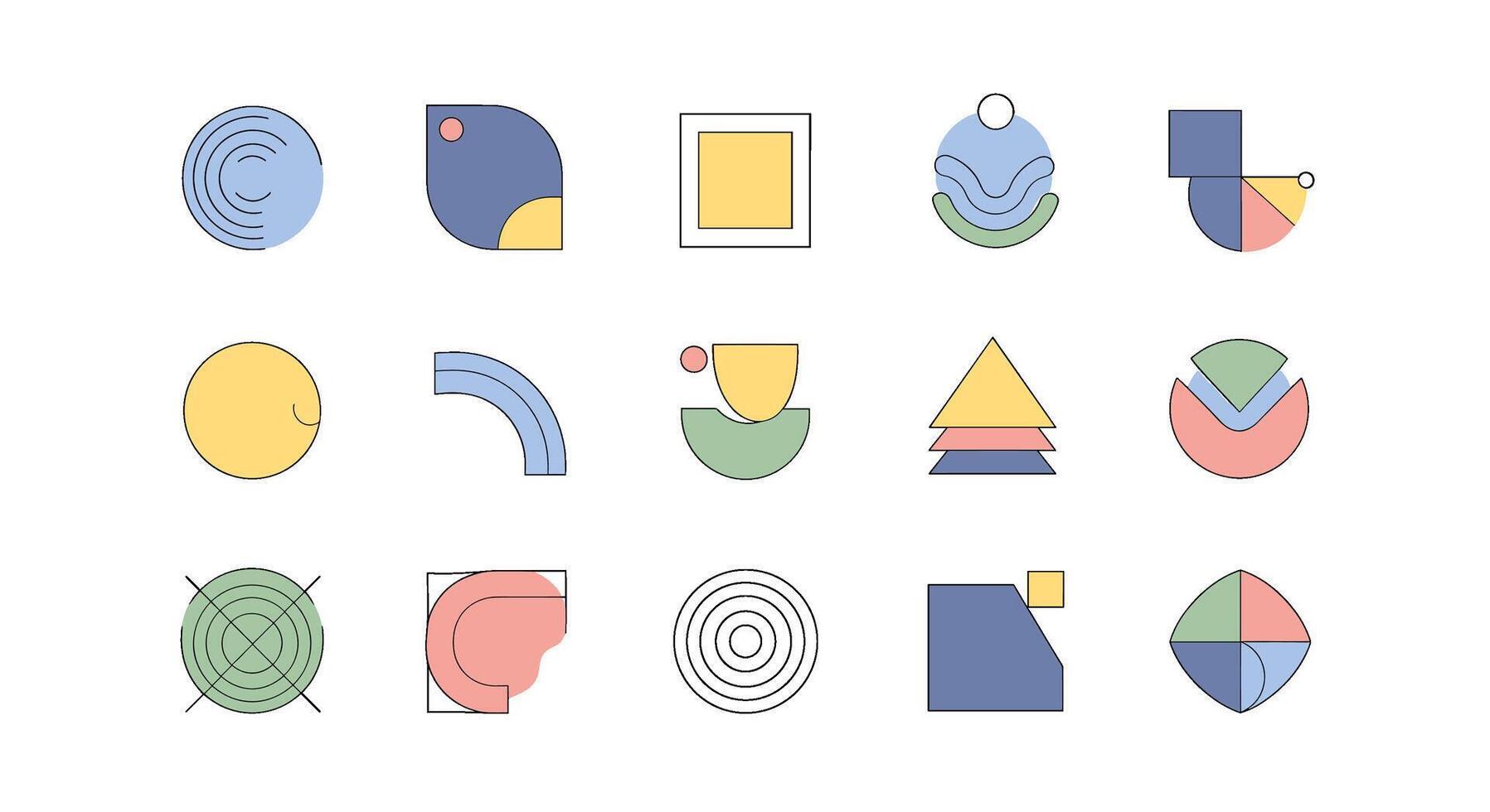 Collection of abstract geometric shapes isolated on white background, featuring circles, squares, triangles, and other modern design elements vector