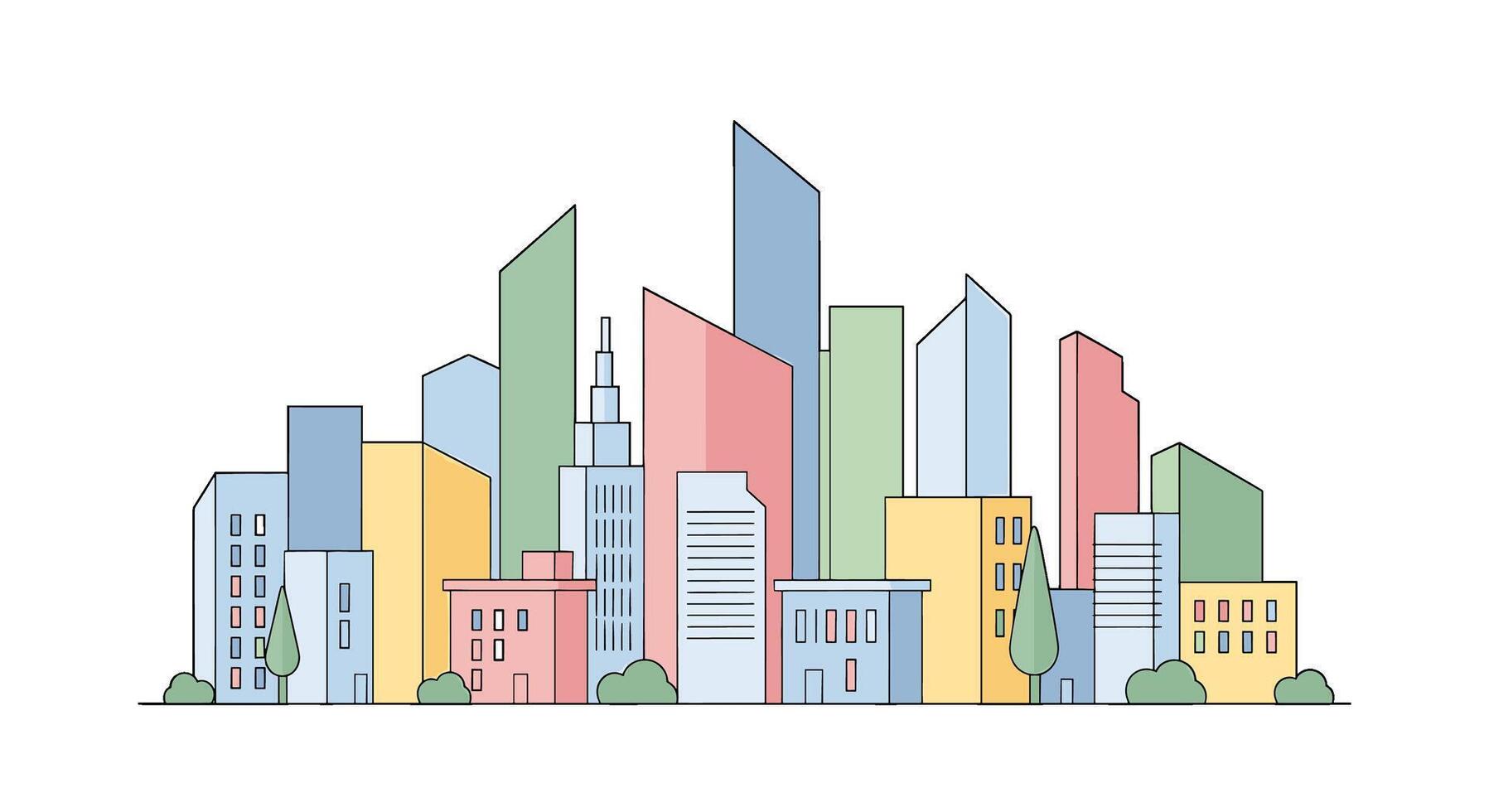 Colorful cityscape isolated on white background showcases modern architecture with various building styles, trees, and a vibrant color palette for urban design vector