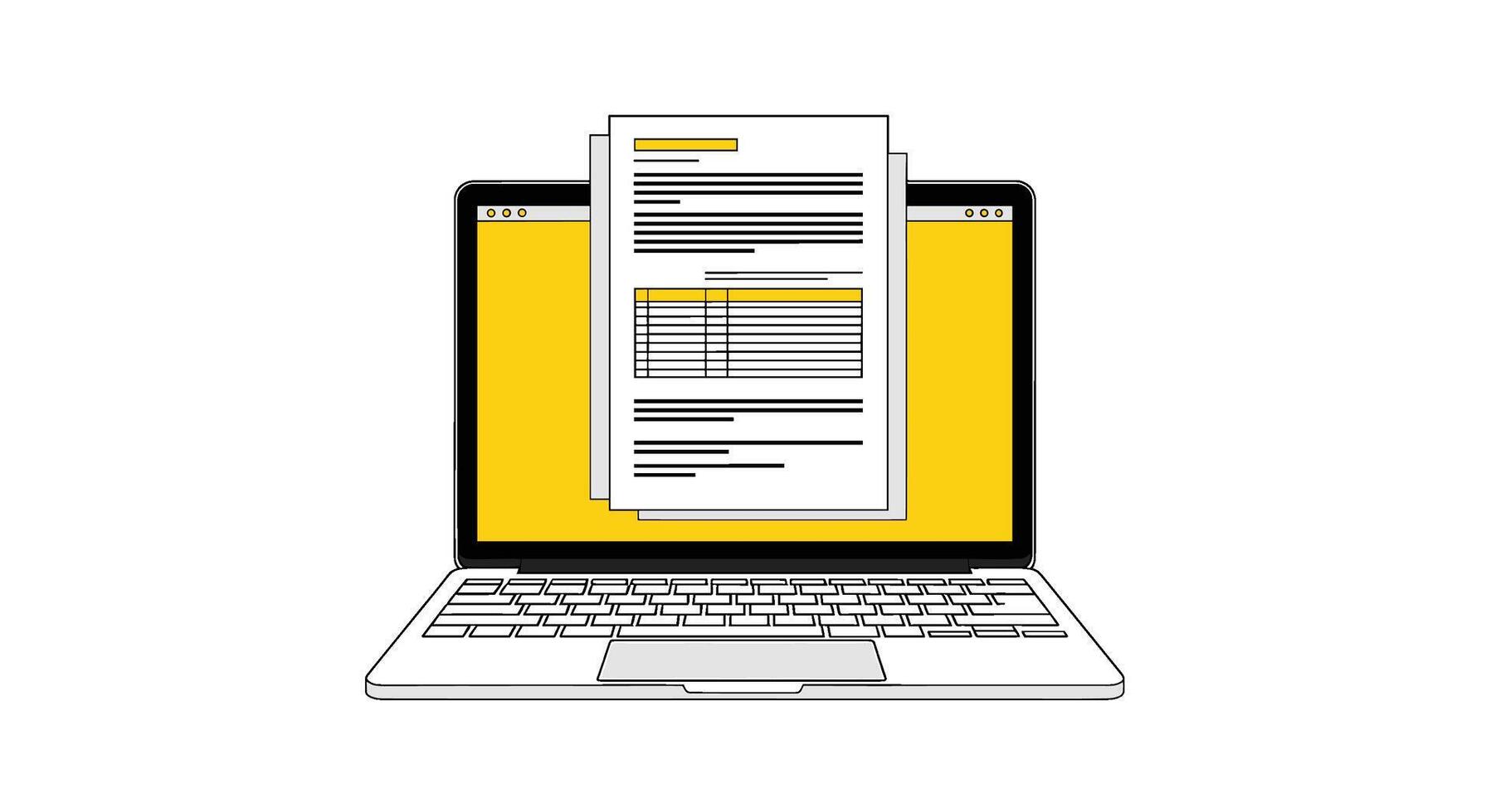 A sleek laptop displaying a document with yellow highlights, isolated on white background, represents digital paperwork, online forms, and modern office technology vector