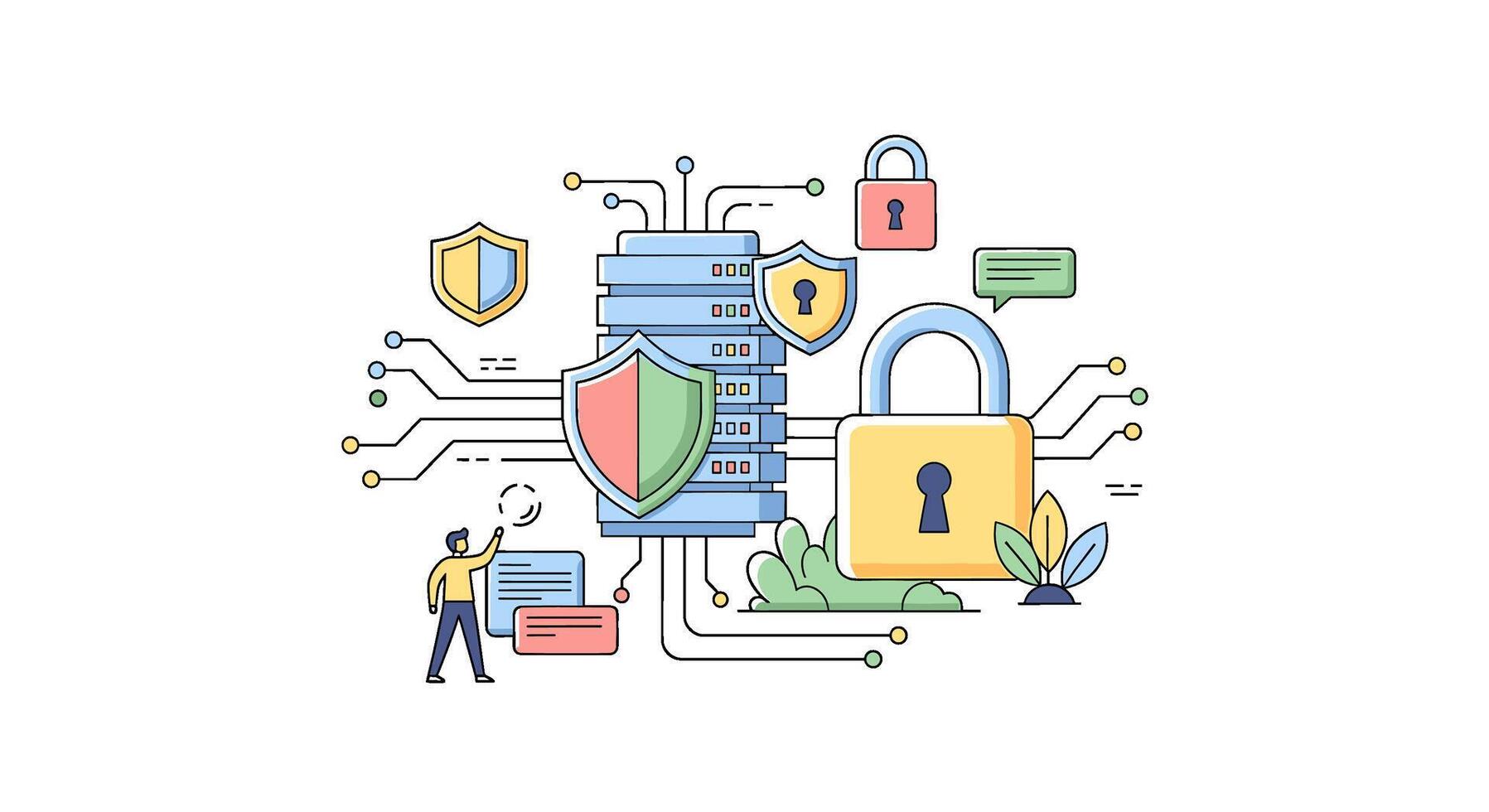 Data security concept isolated on white background a man is securing data on a server with a shield and padlock, ensuring privacy and protection from cyber threats vector