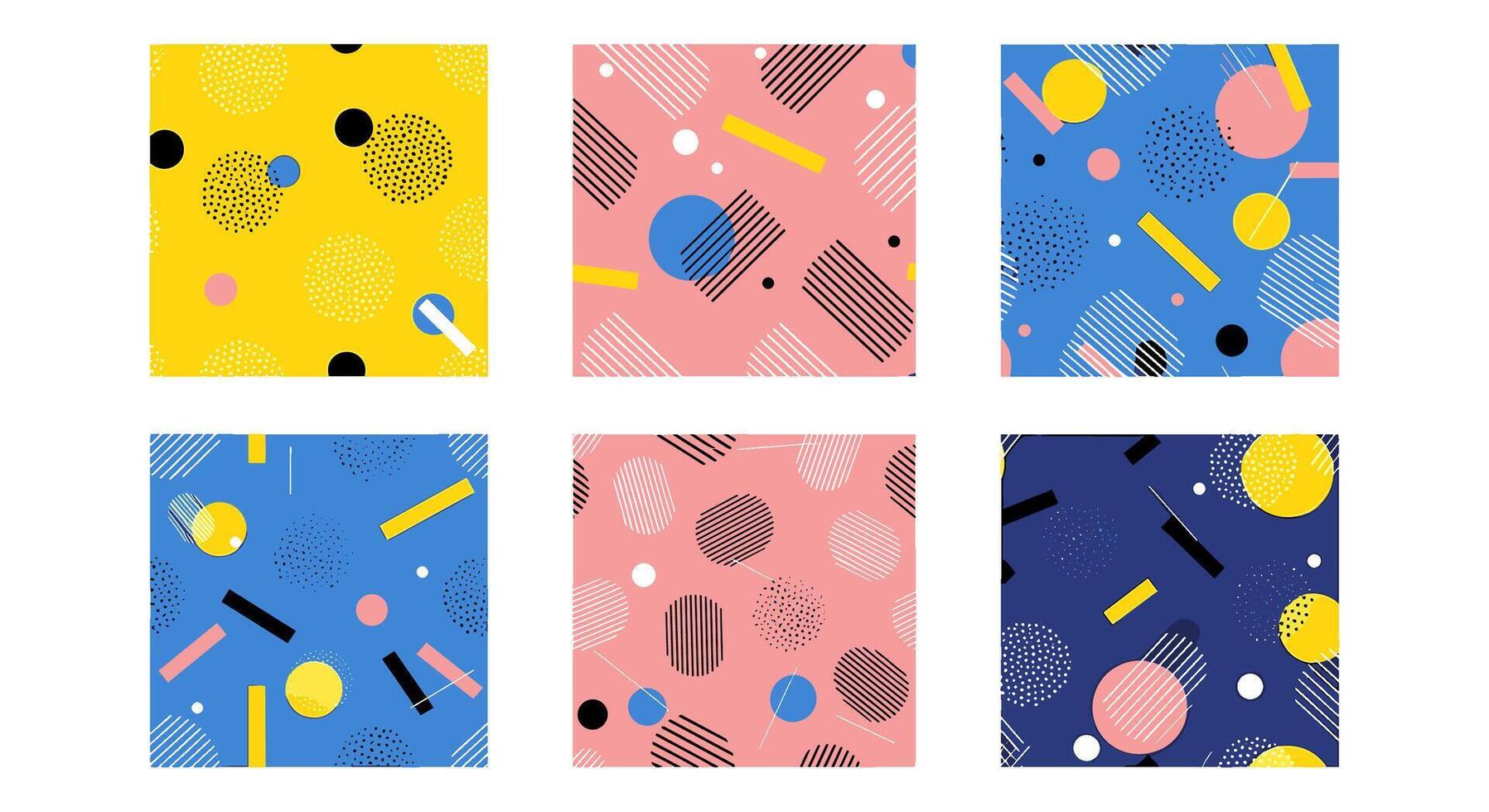 Collection of abstract seamless patterns isolated on white background featuring geometric shapes, dots, and lines, perfect for modern backgrounds and designs vector