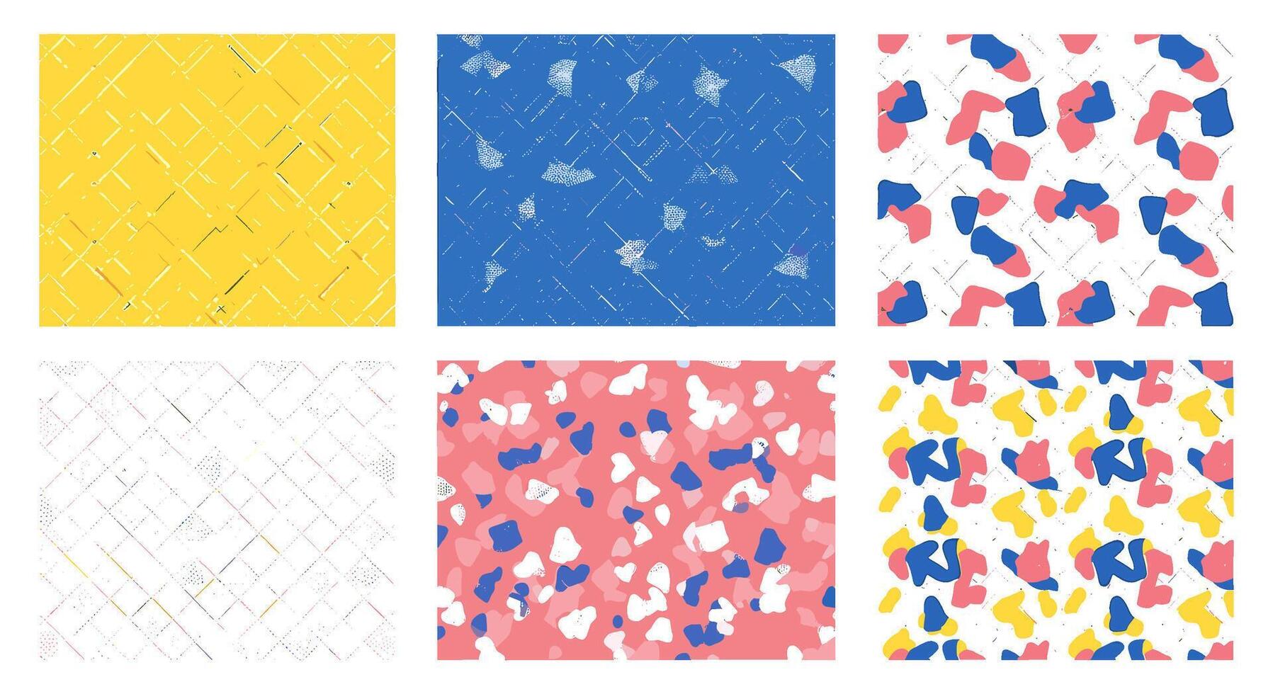 A set of six seamless patterns featuring abstract shapes and textures in various colors, creating a modern and artistic design isolated on white background vector