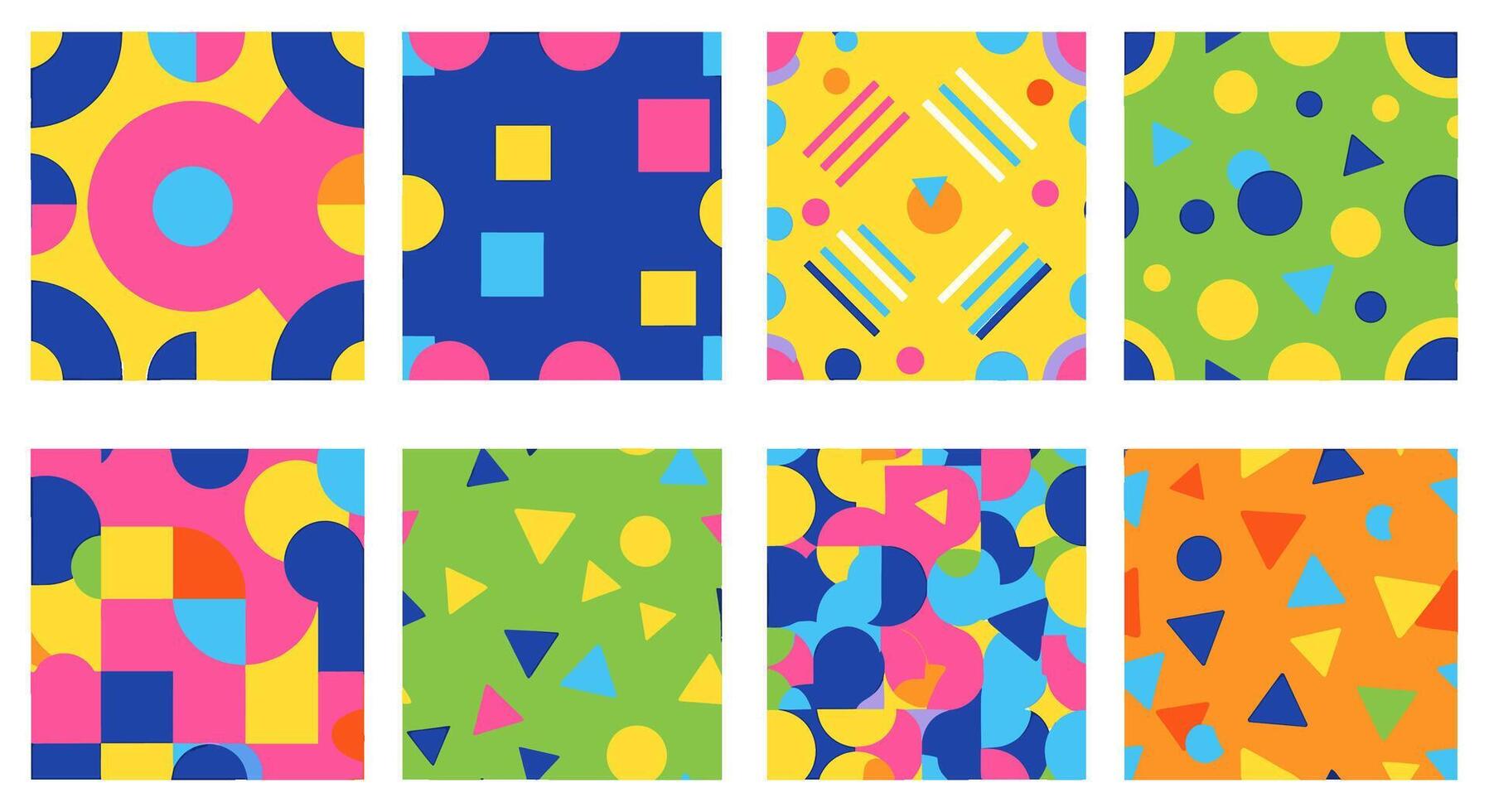Collection of eight abstract seamless patterns isolated on white background with geometric shapes and bright colors for modern and playful designs vector
