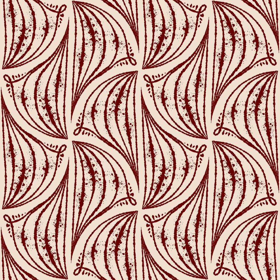 Geometric seamless pattern with ink line texture forming elegant fan shapes. Hand drawn line art with beige and dark red contrast. Ideal for wallpaper textile design and sketch style templates. vector