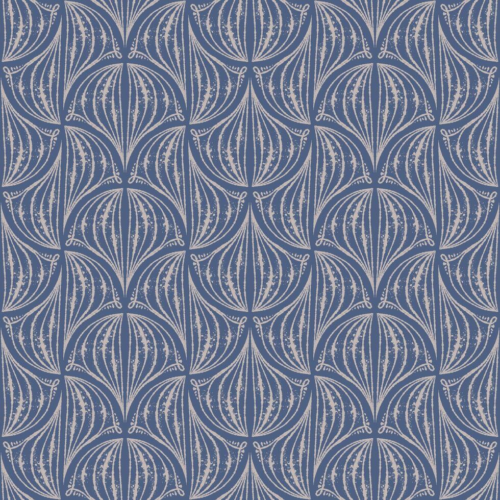 Geometric seamless pattern with ink line texture forming elegant fan shape. Hand drawn lineart with dusty blue and beige contrast. Ideal for wallpaper textile design and sketch style templates. vector